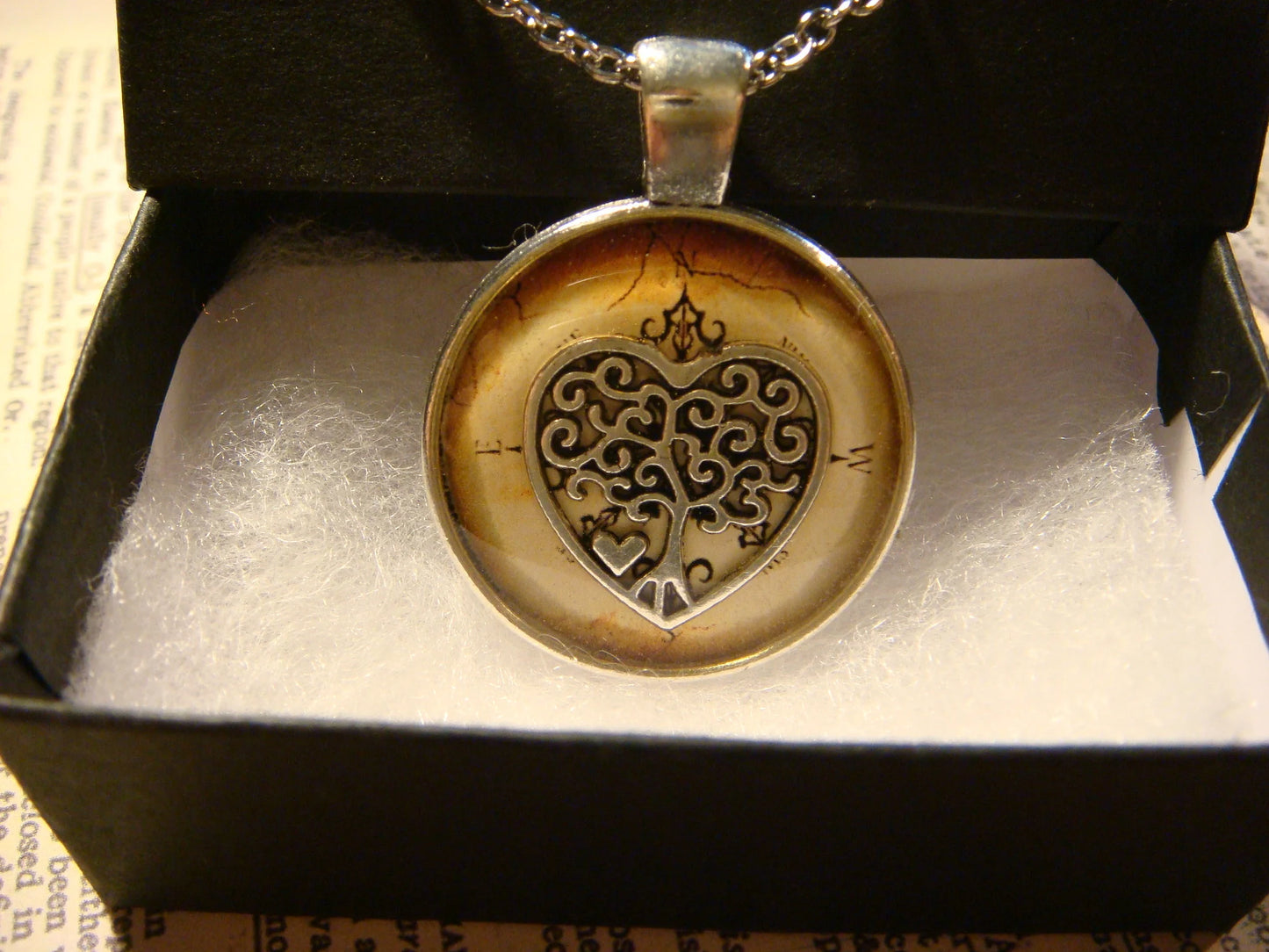 Tree Heart over Compass Pendant Necklace