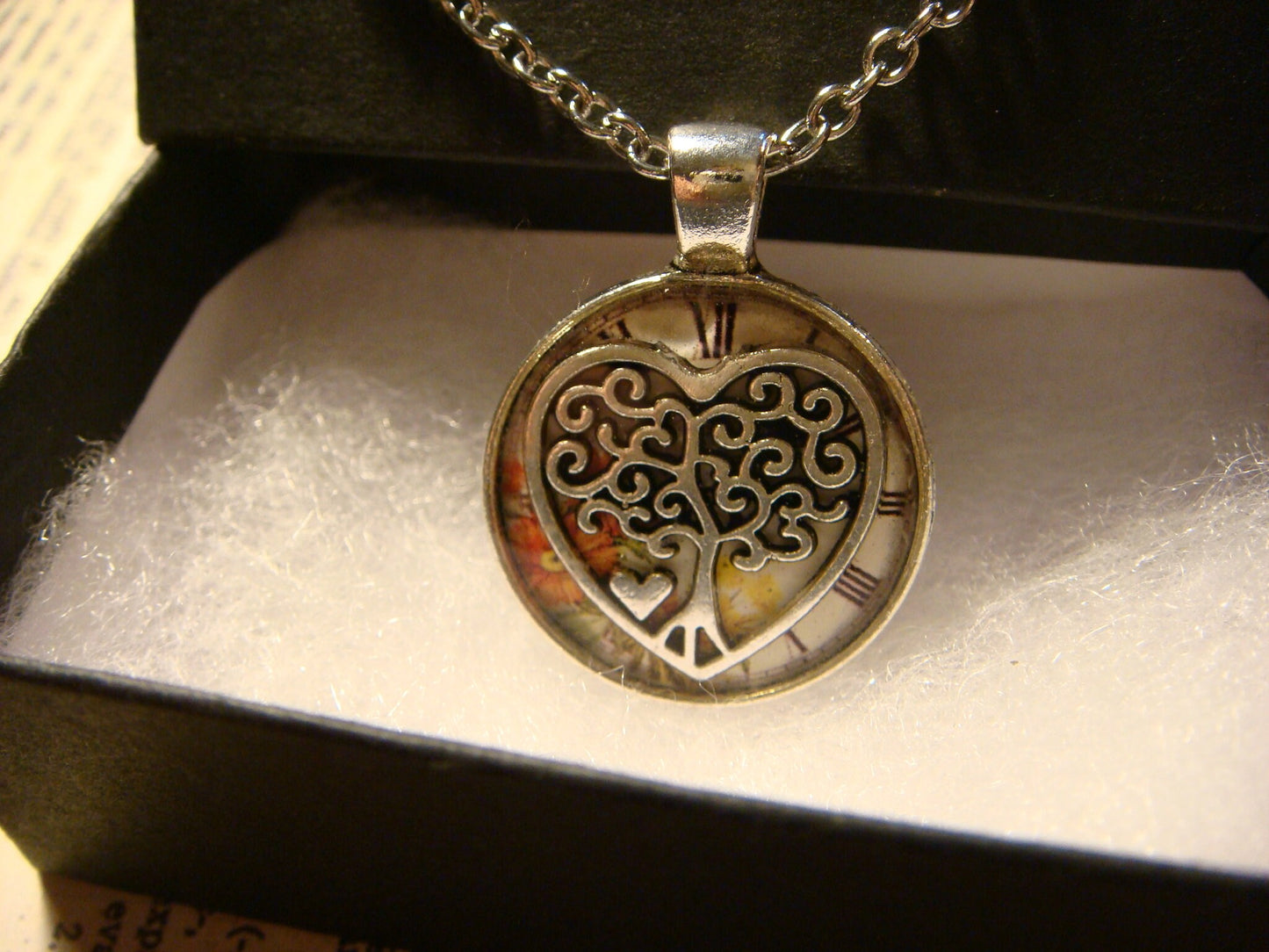 Tree Heart over Floral Clock Small Pendant Necklace