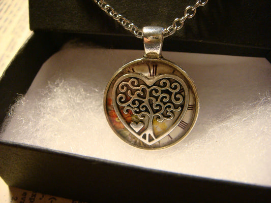 Tree Heart over Floral Clock Small Pendant Necklace