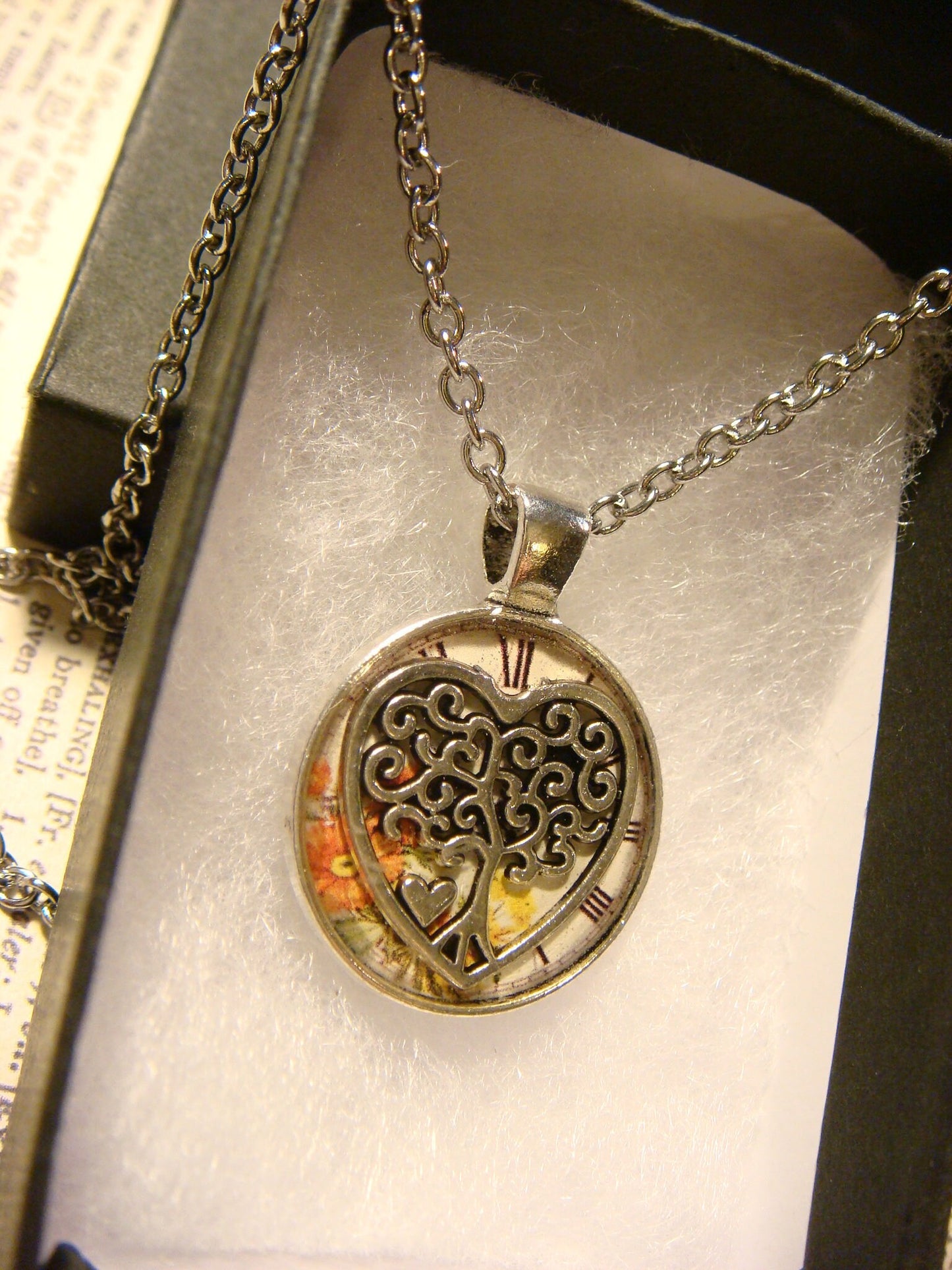 Tree Heart over Floral Clock Small Pendant Necklace