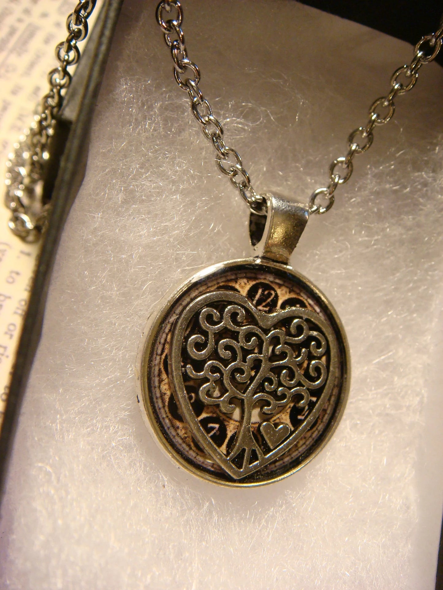 Tree Heart over Clock Small Pendant Necklace