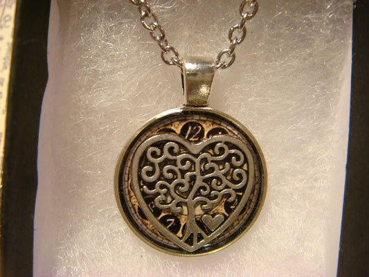 Tree Heart over Clock Small Pendant Necklace