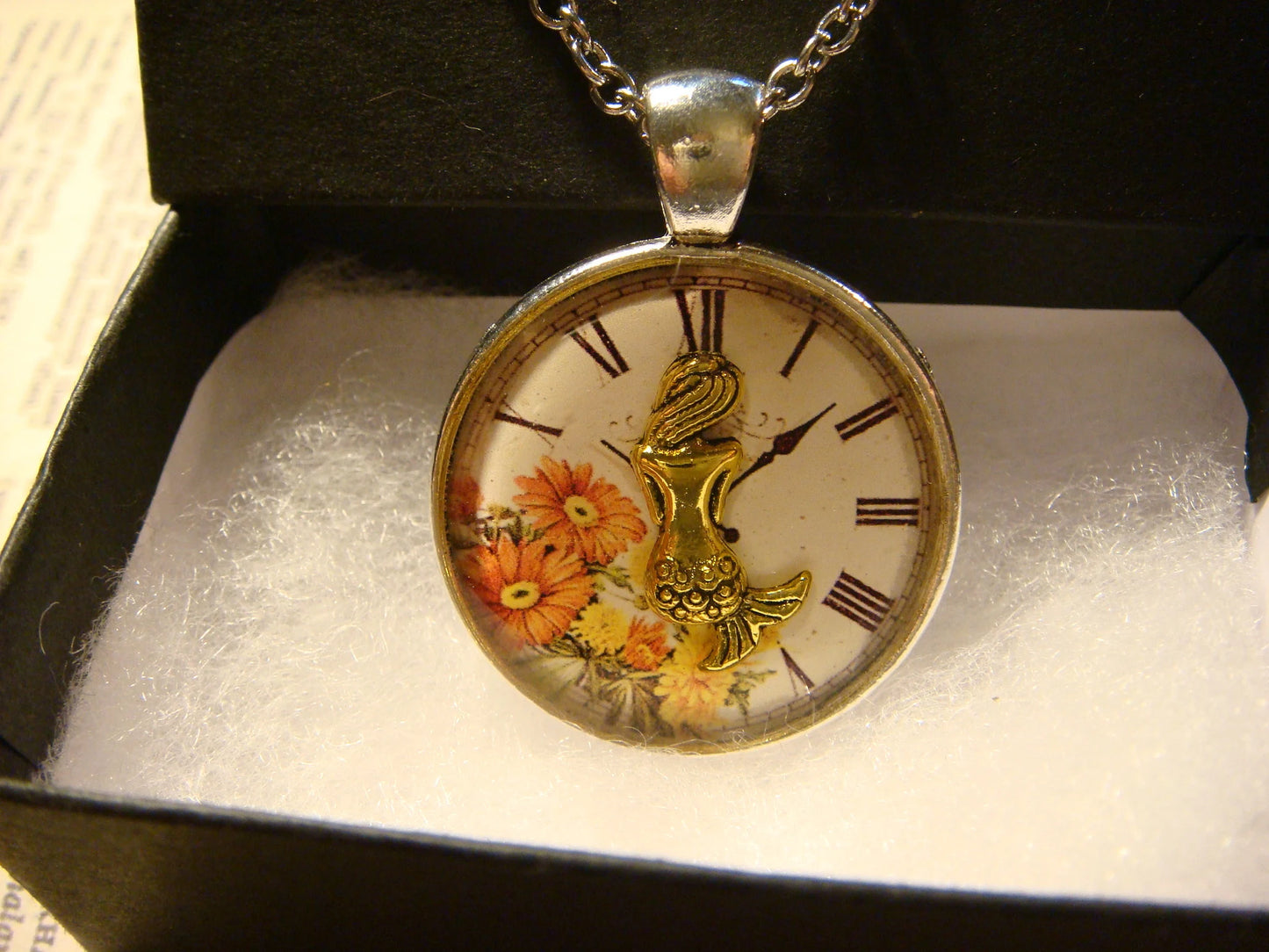 Mermaid over Floral Clock Pendant Necklace