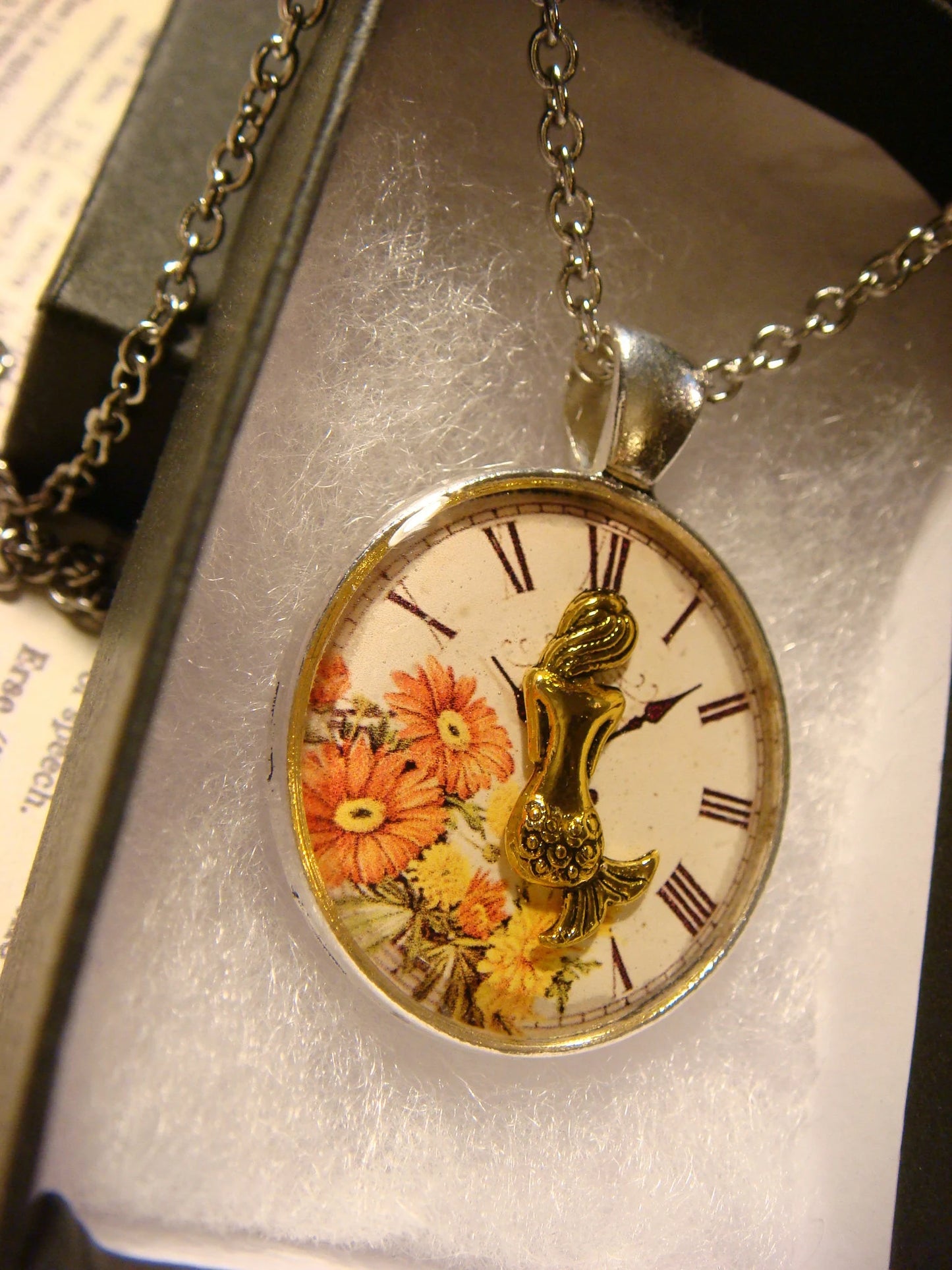 Mermaid over Floral Clock Pendant Necklace