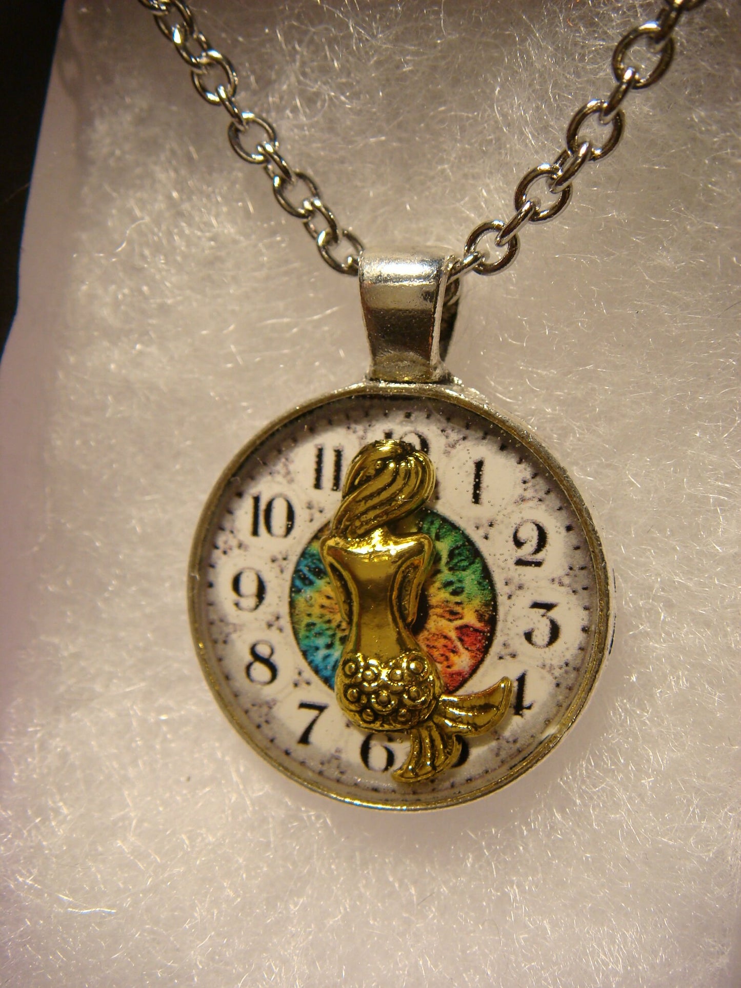 Mermaid over Clock Small Pendant Necklace in Antique Silver