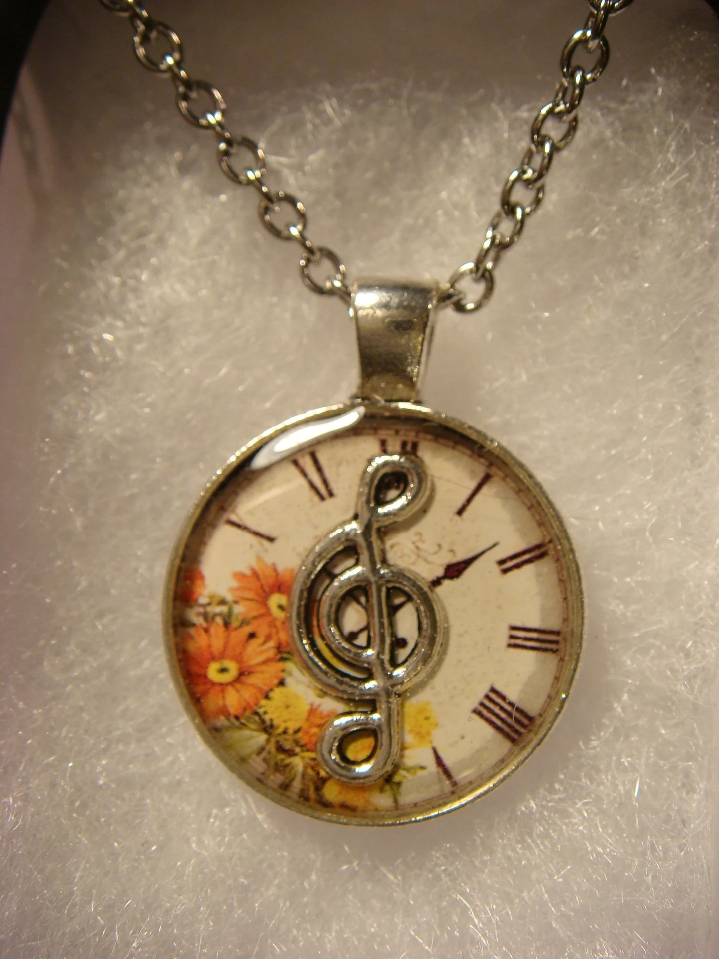Treble Clef over Floral Clock Small Pendant Necklace