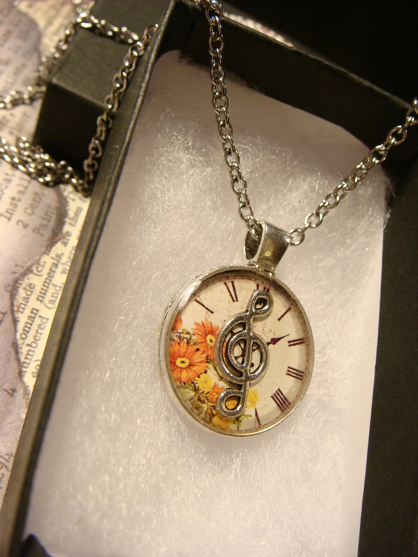 Treble Clef over Floral Clock Small Pendant Necklace