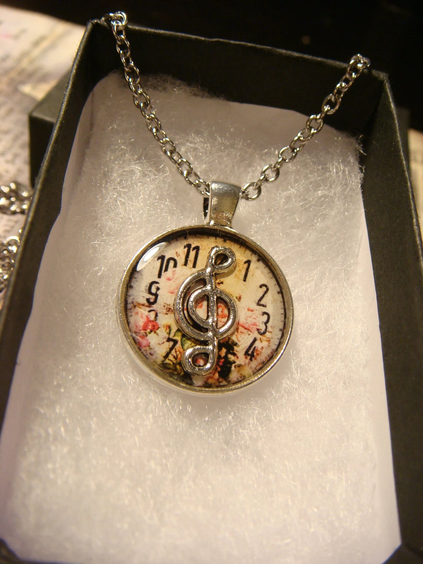 Treble Clef over Floral Clock Small Pendant Necklace