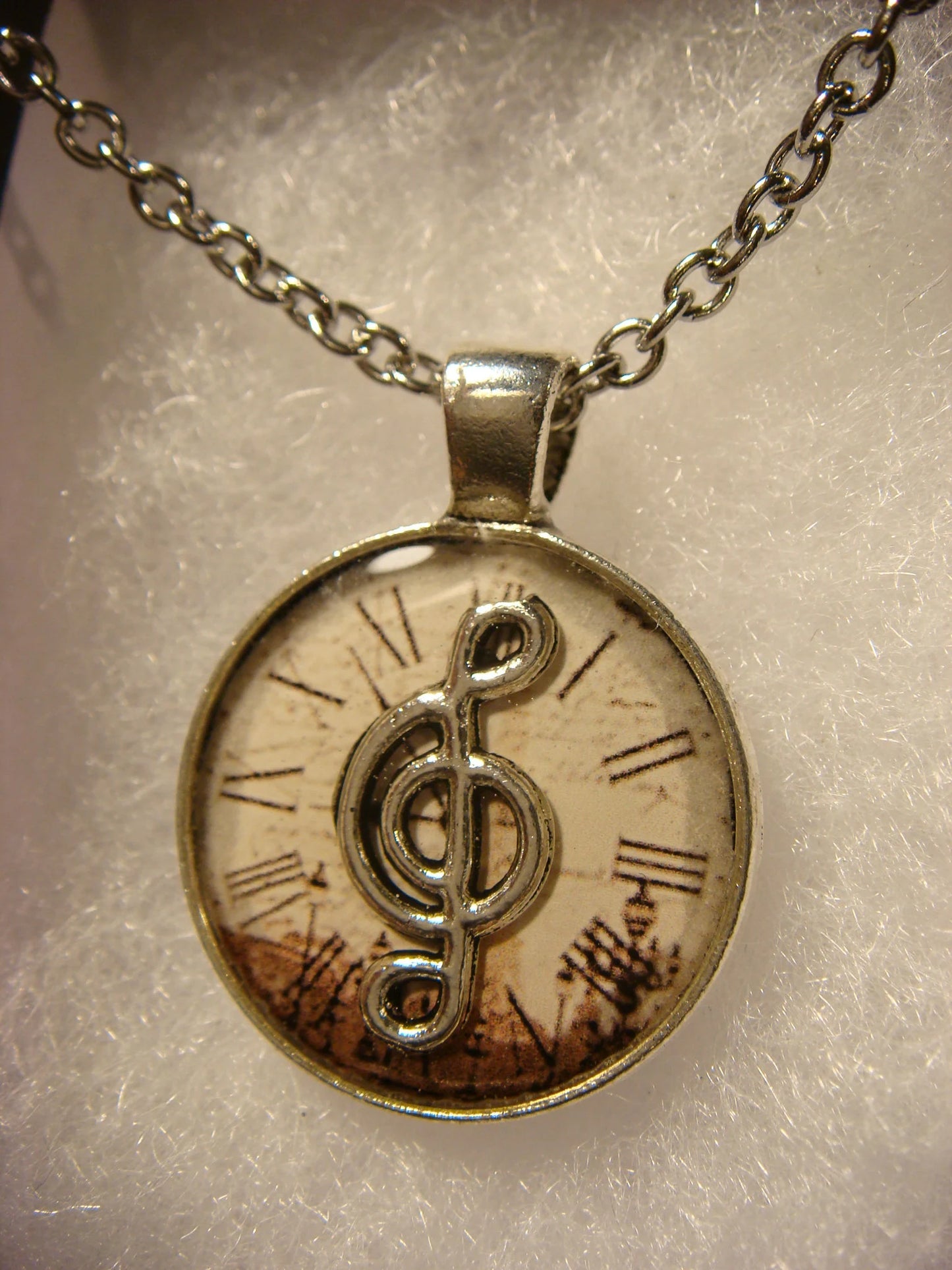 Treble Clef over Victorian Clock Small Pendant Necklace