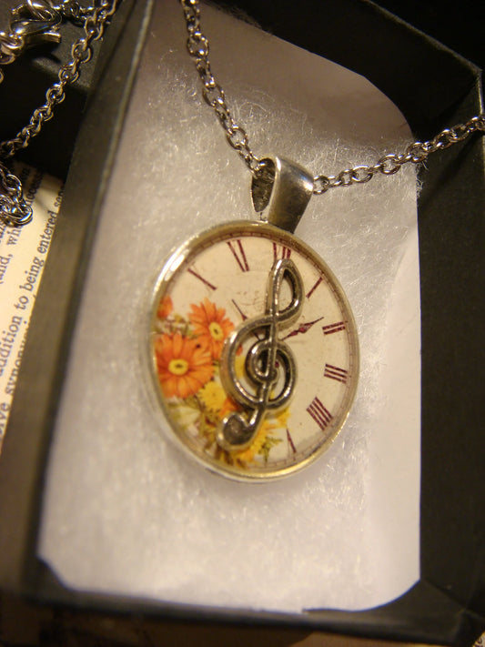 Treble Clef over Floral Clock Pendant Necklace