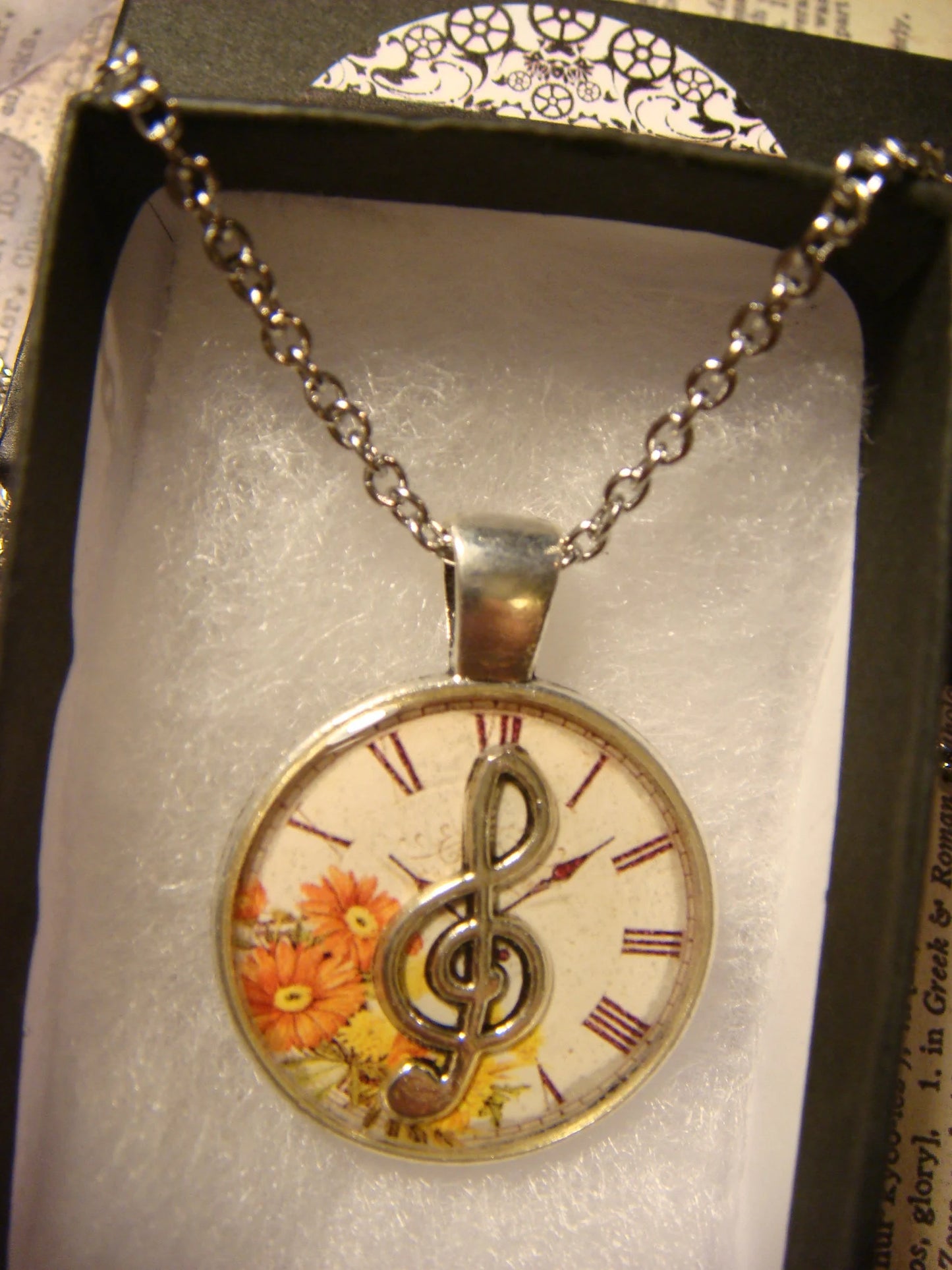 Treble Clef over Floral Clock Pendant Necklace