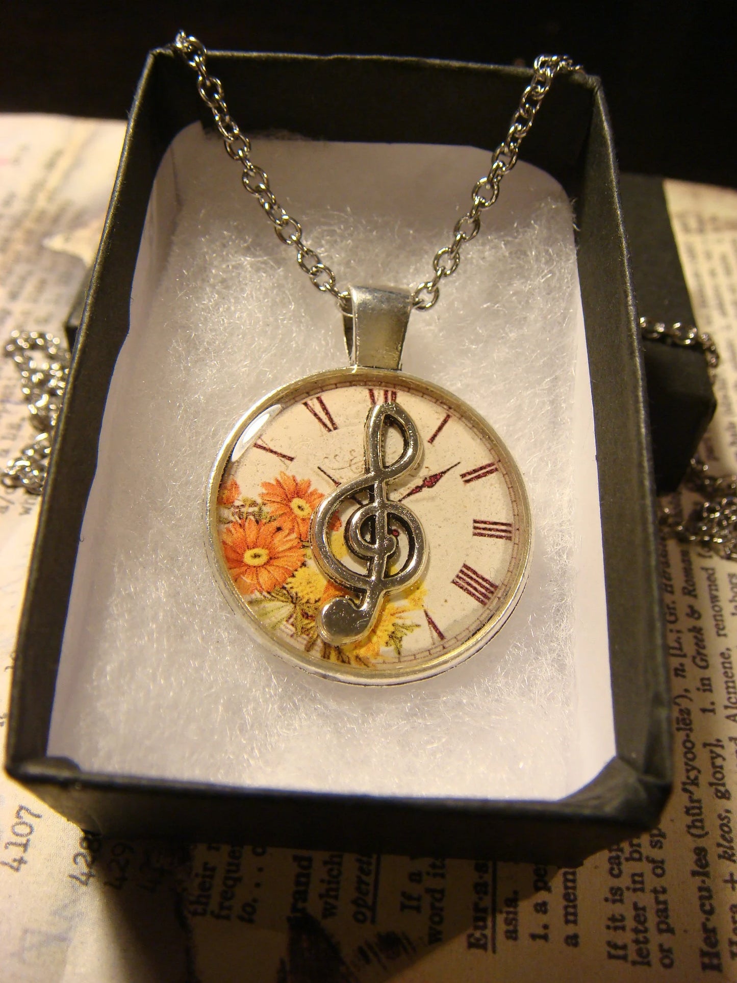 Treble Clef over Floral Clock Pendant Necklace