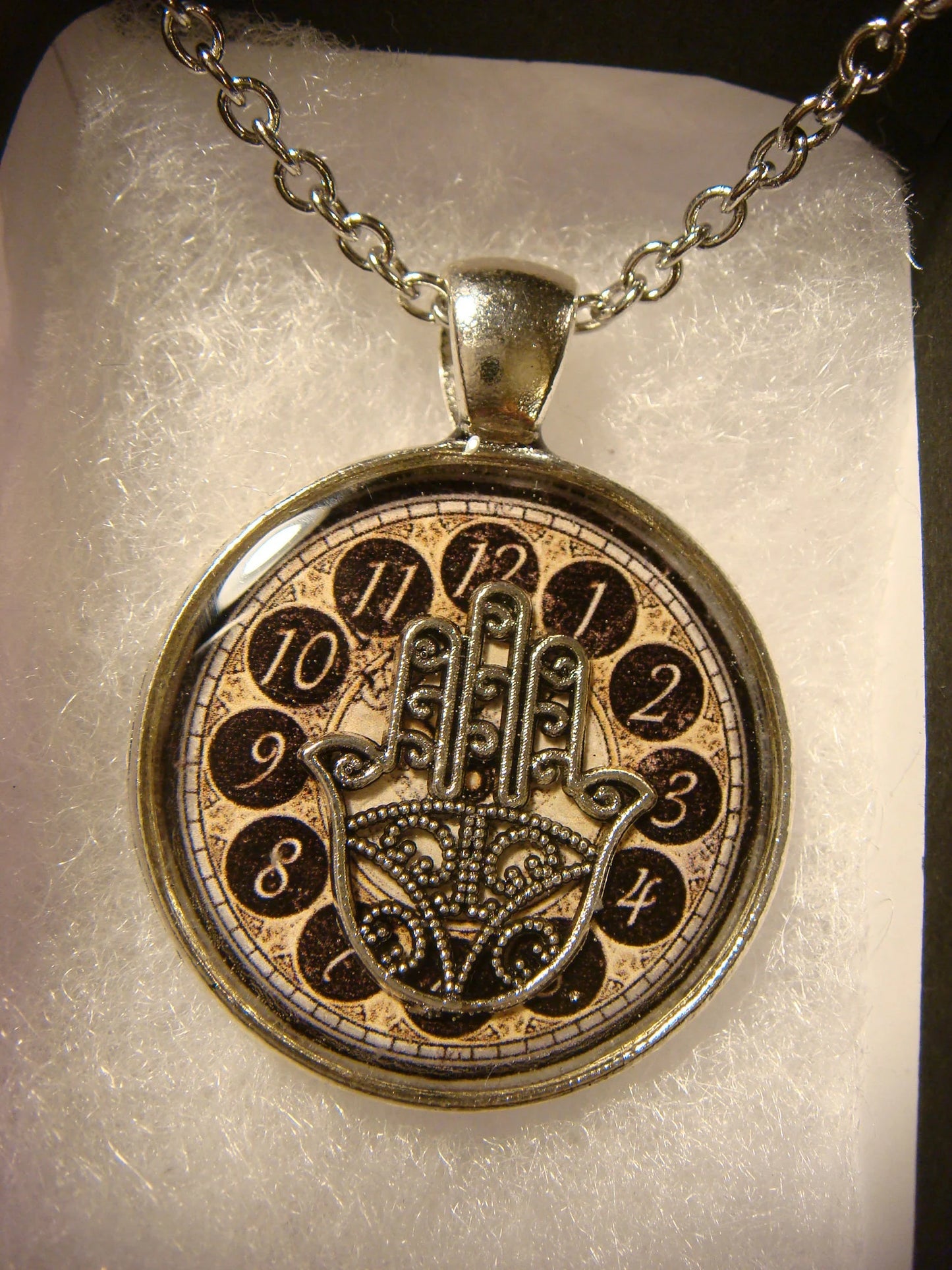 Hamsa over Clock Pendant Necklace