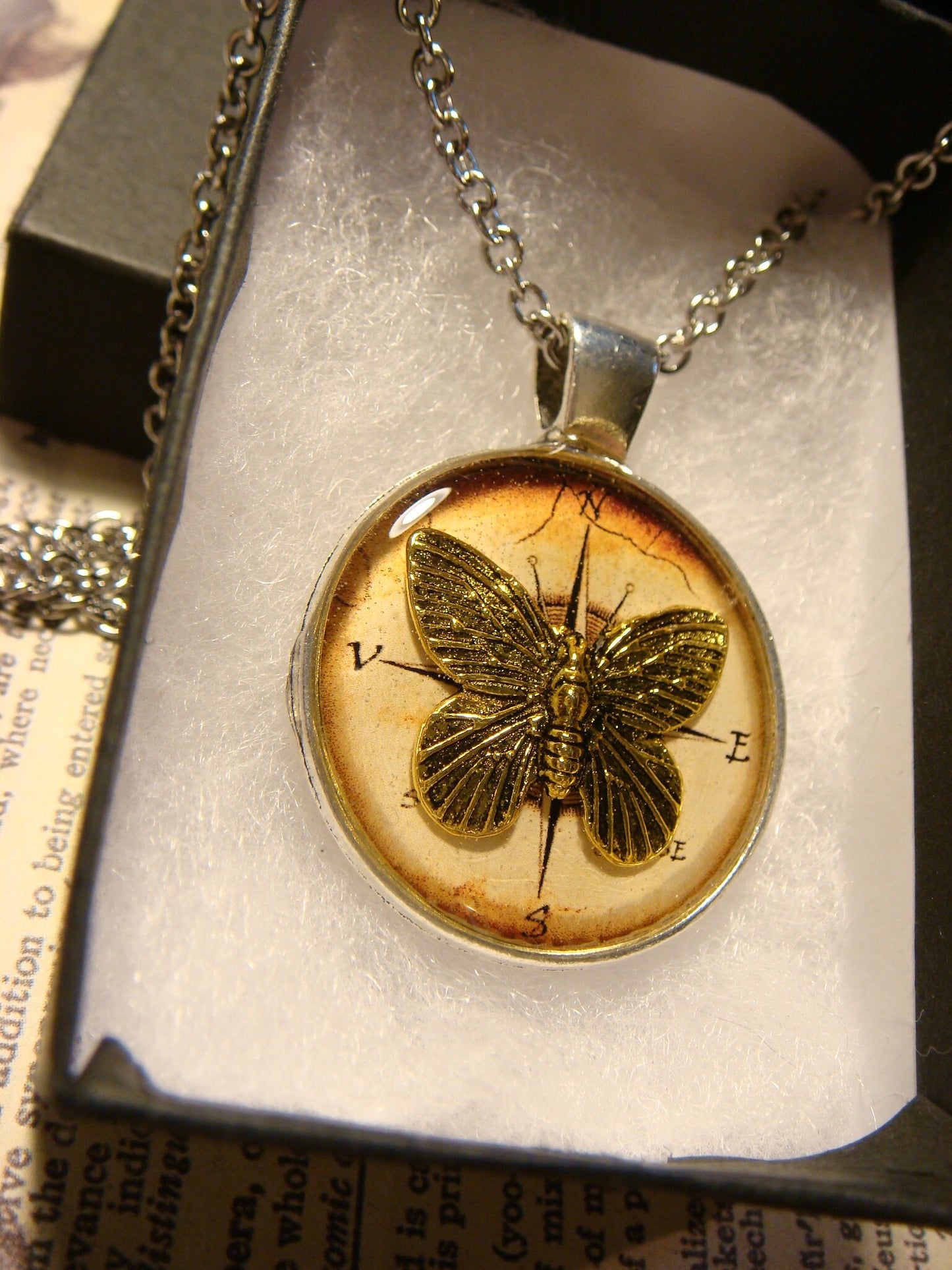 Butterfly over Compass Pendant Necklace