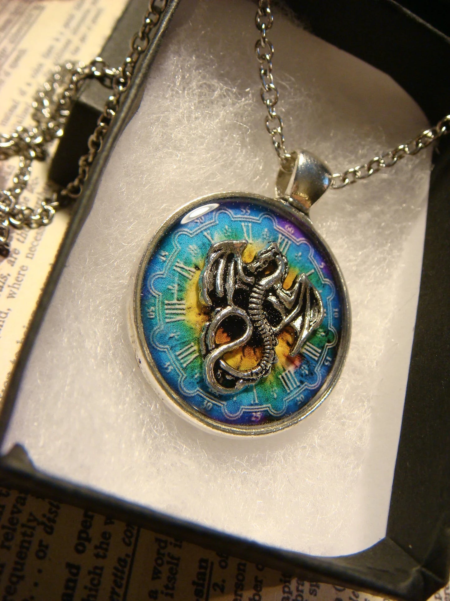 Dragon over Colorful Clock Pendant Necklace