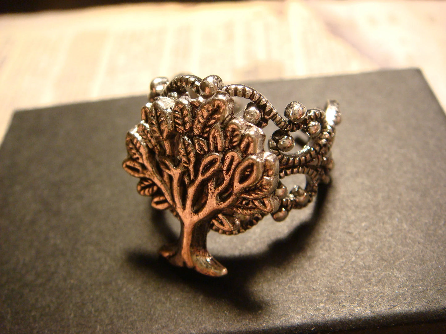 Tree of Life Filigree Ring in Antique Silver - Adjustable