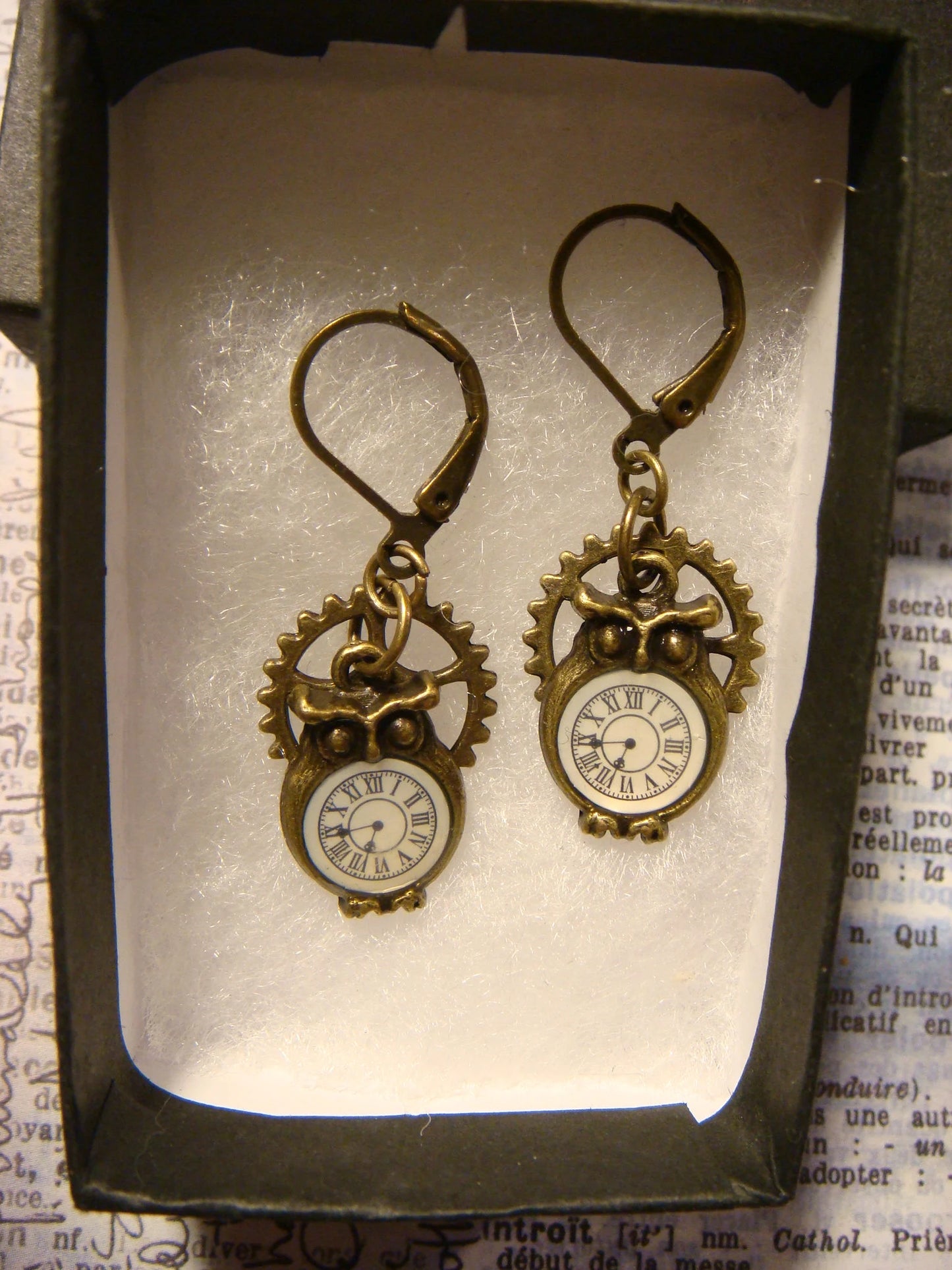 Owl Clock and Gear Dangle Earrings in Antique Bronze