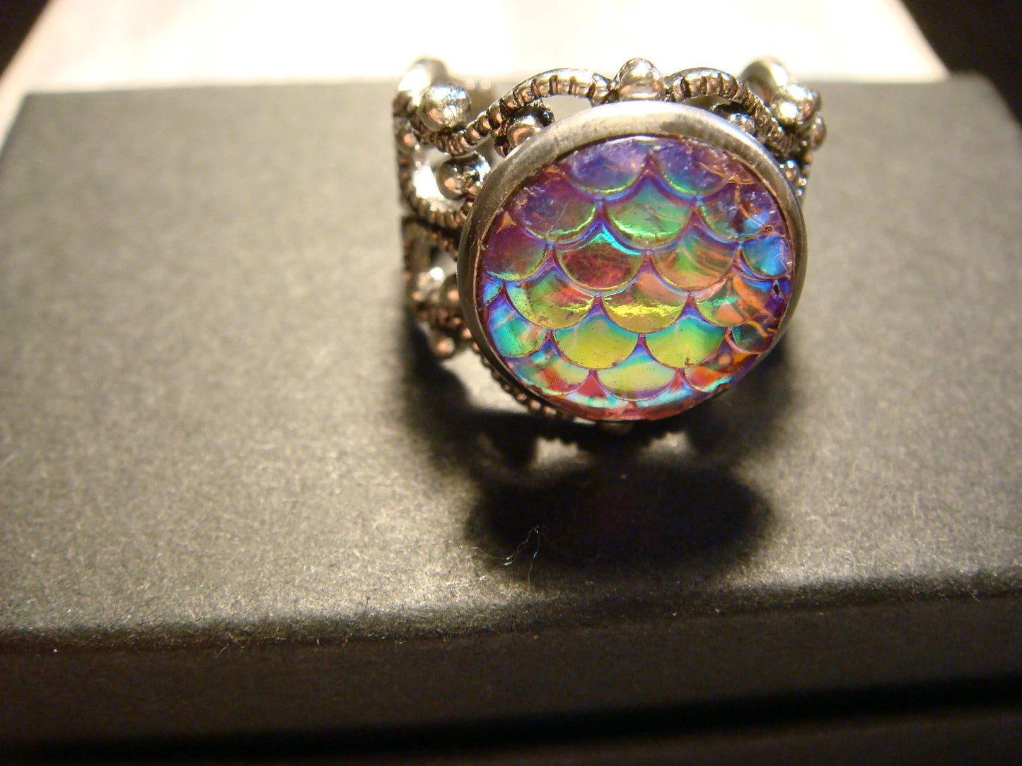 Iridescent Pink Scales Filigree Ring in Antique Silver - Adjustable