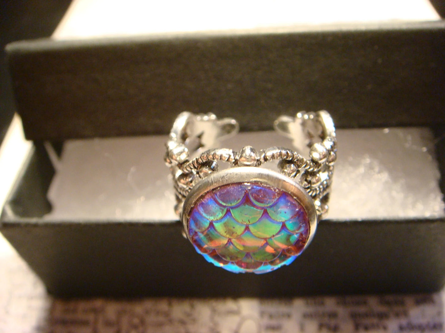 Iridescent Pink Scales Filigree Ring in Antique Silver - Adjustable