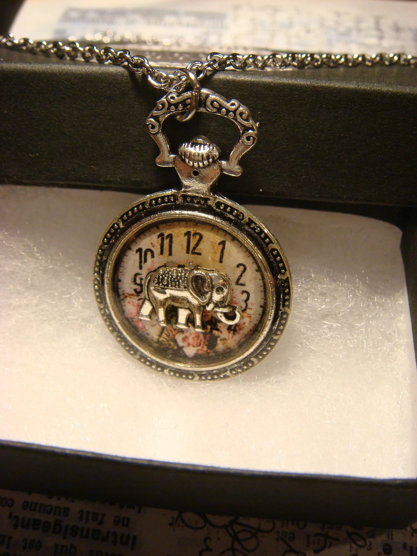 Elephant over Floral Clock Pocket Watch Pendant Necklace