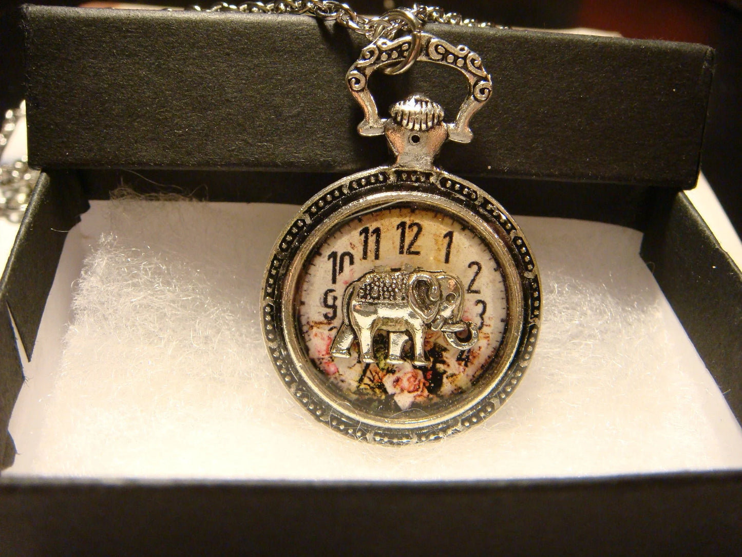 Elephant over Floral Clock Pocket Watch Pendant Necklace