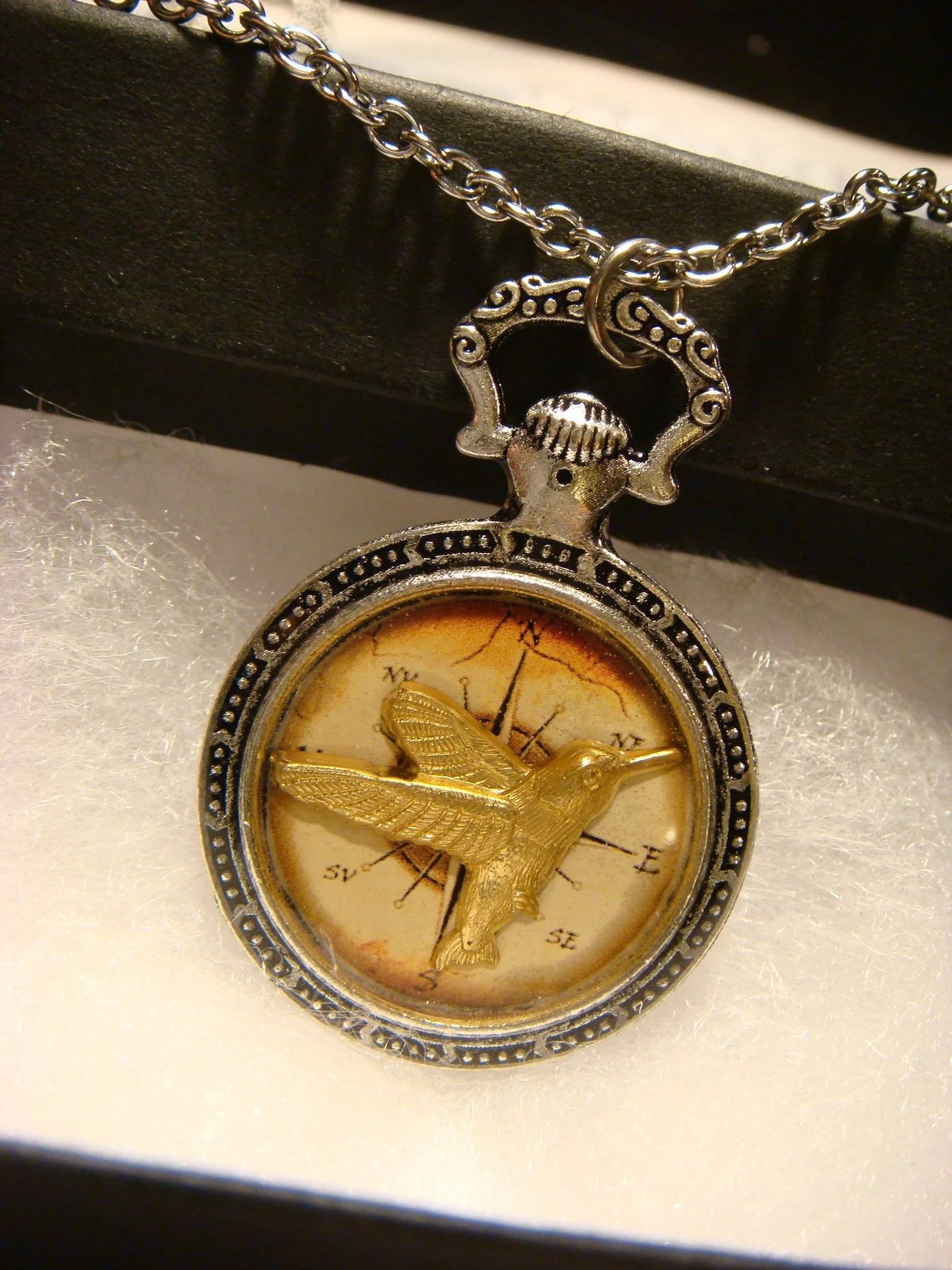 Hummingbird over Compass Pocket Watch Pendant Necklace