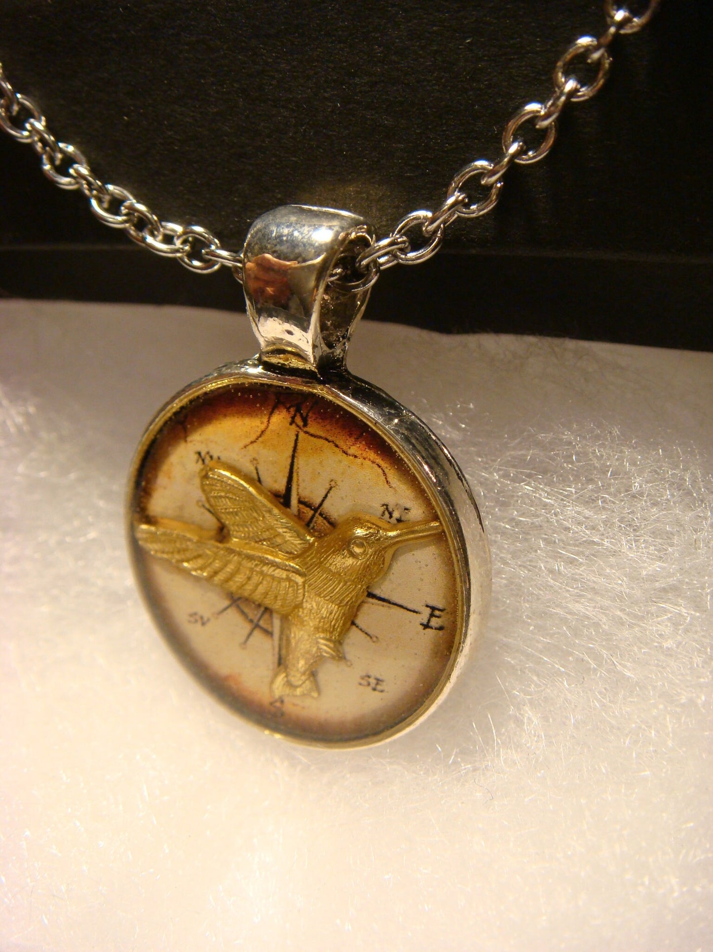 Hummingbird over Compass Small Pendant Necklace