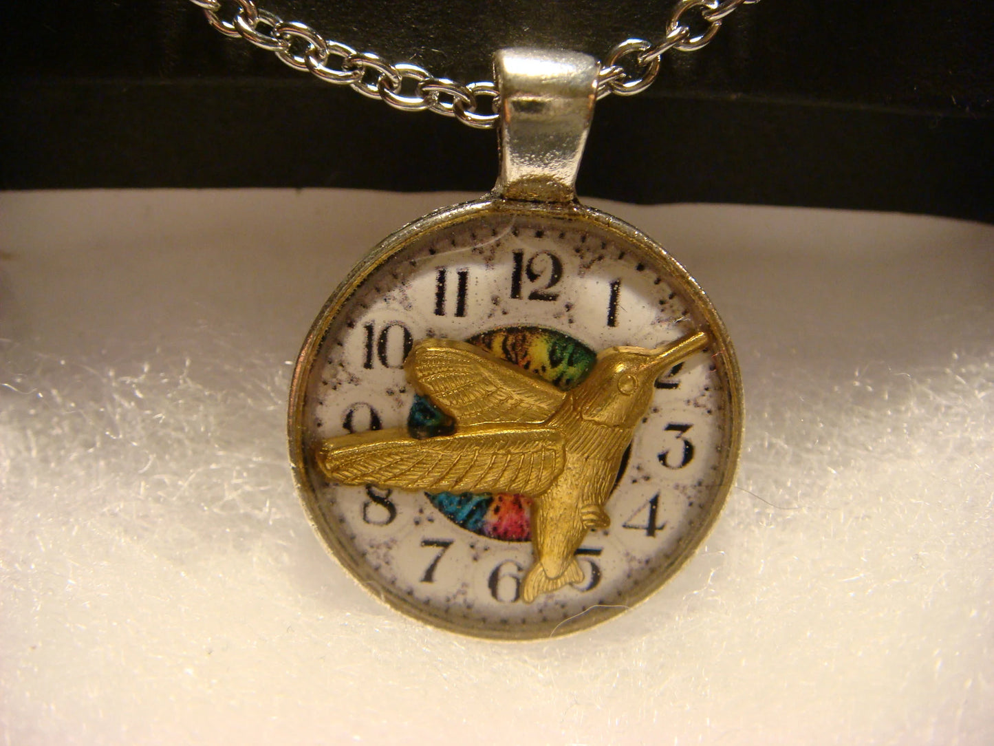 Hummingbird over Clock Small Pendant Necklace