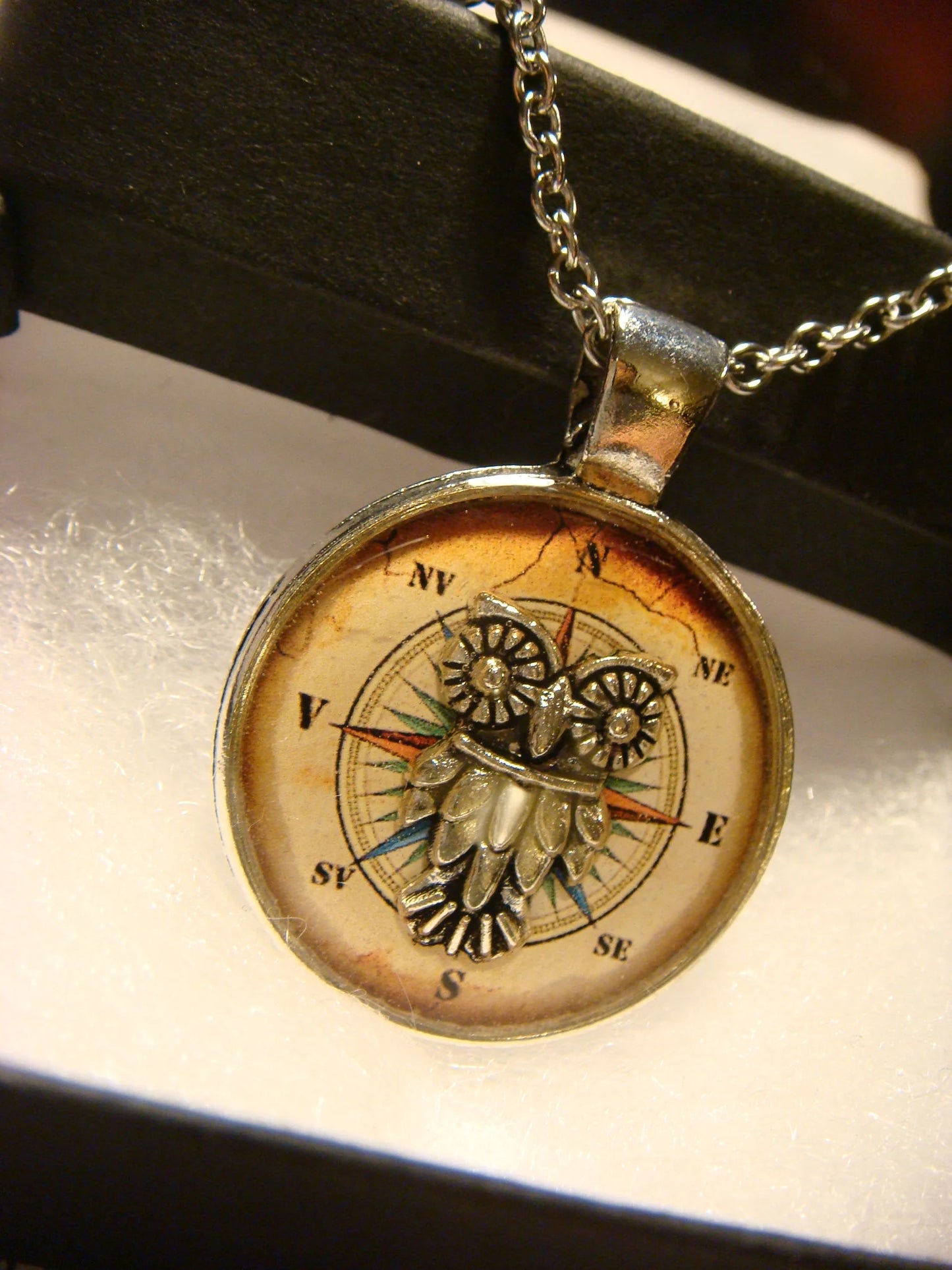 Owl over Compass Rose Pendant Necklace