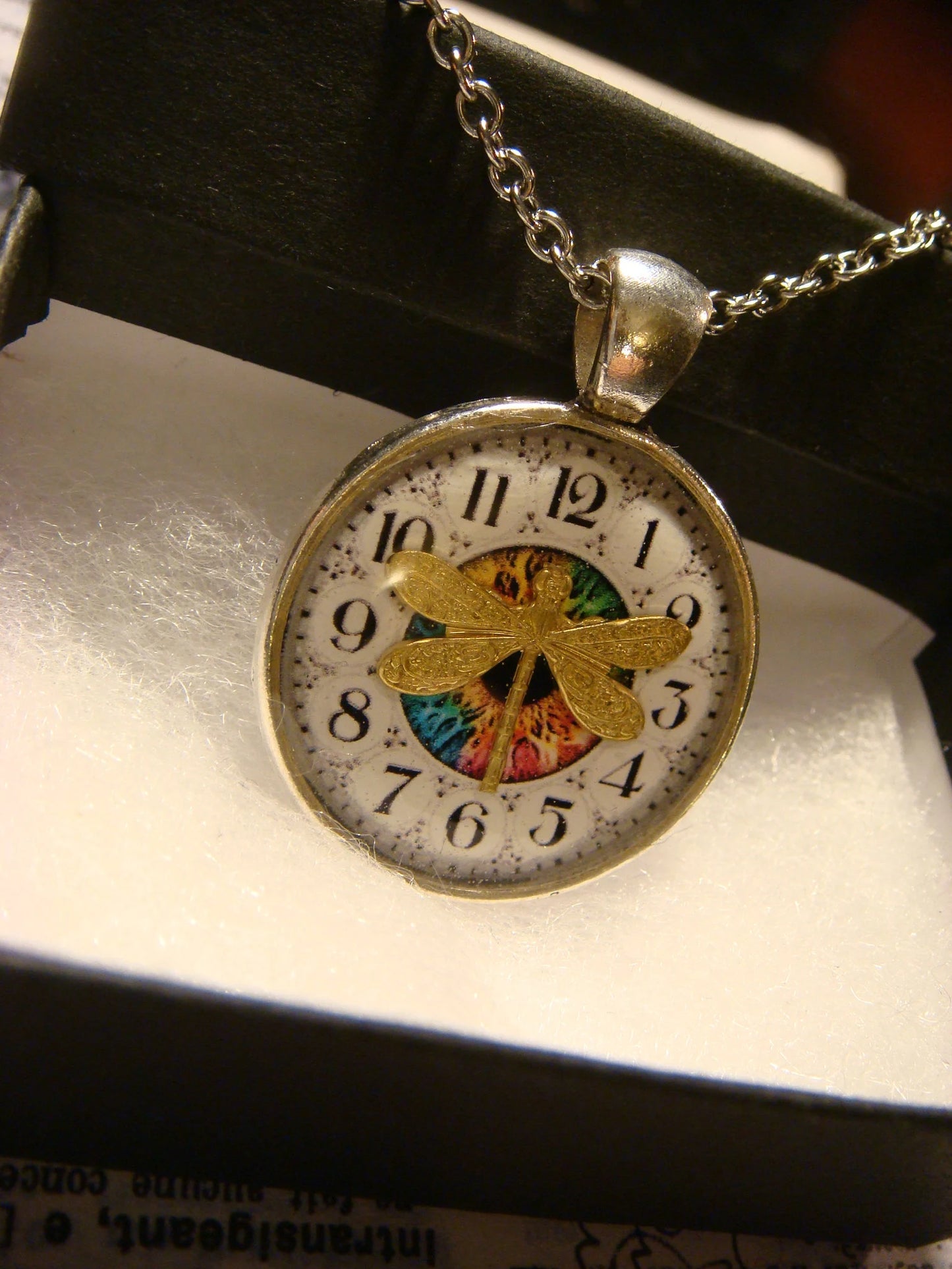 Dragonfly over Clock Pendant Necklace