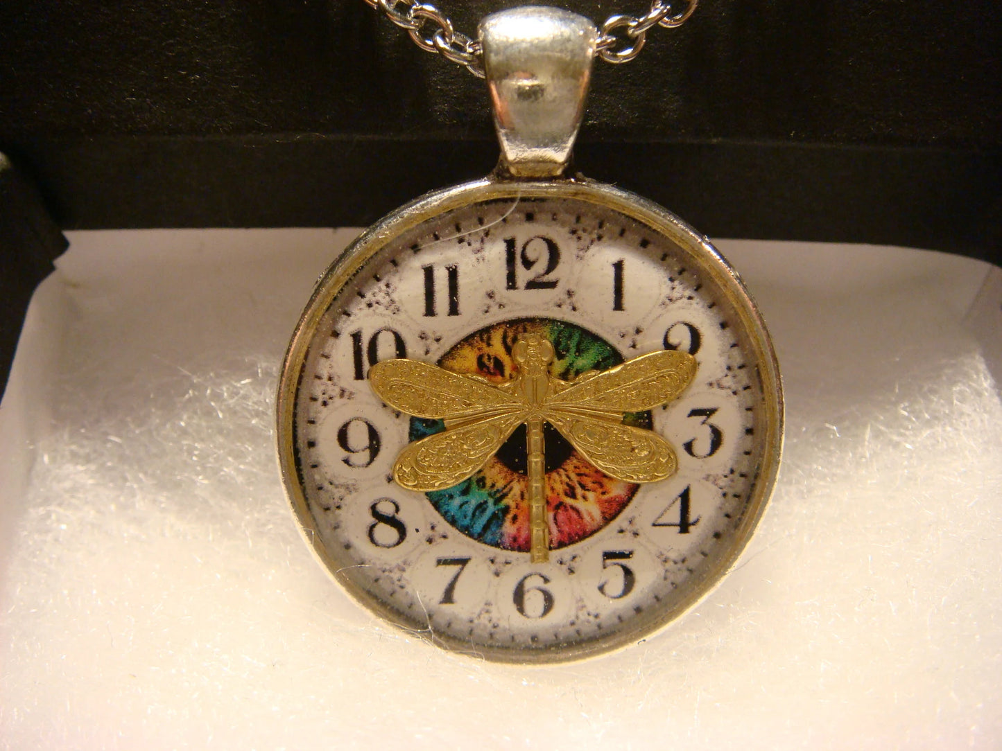 Dragonfly over Clock Pendant Necklace