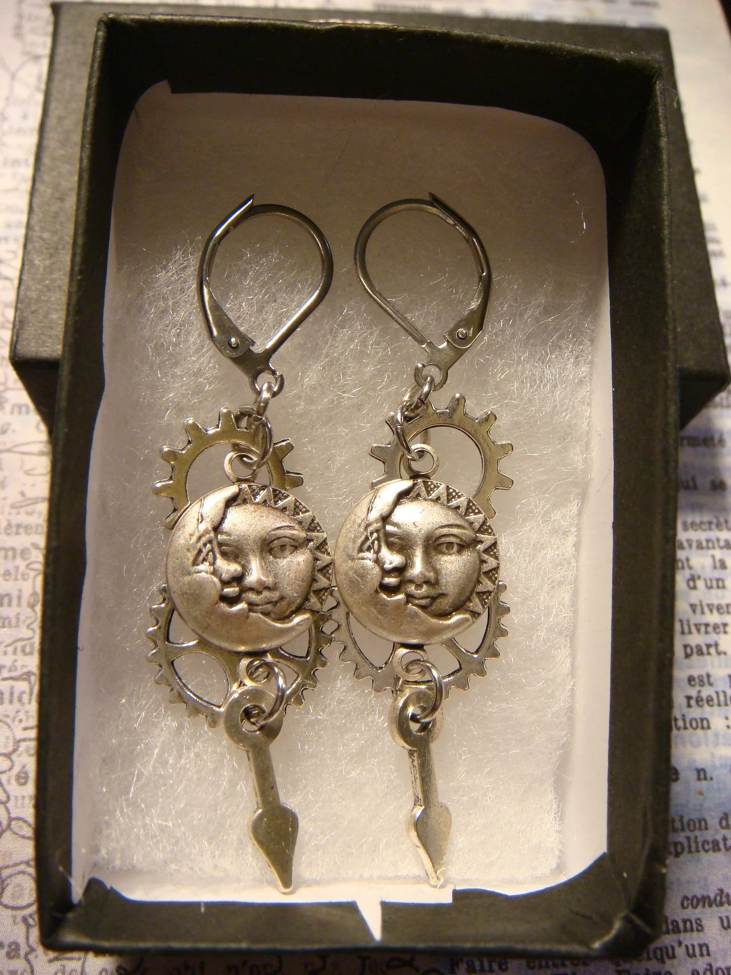 Sun and Moon with Gears, Cogs and Watch Hands Dangle Earrings