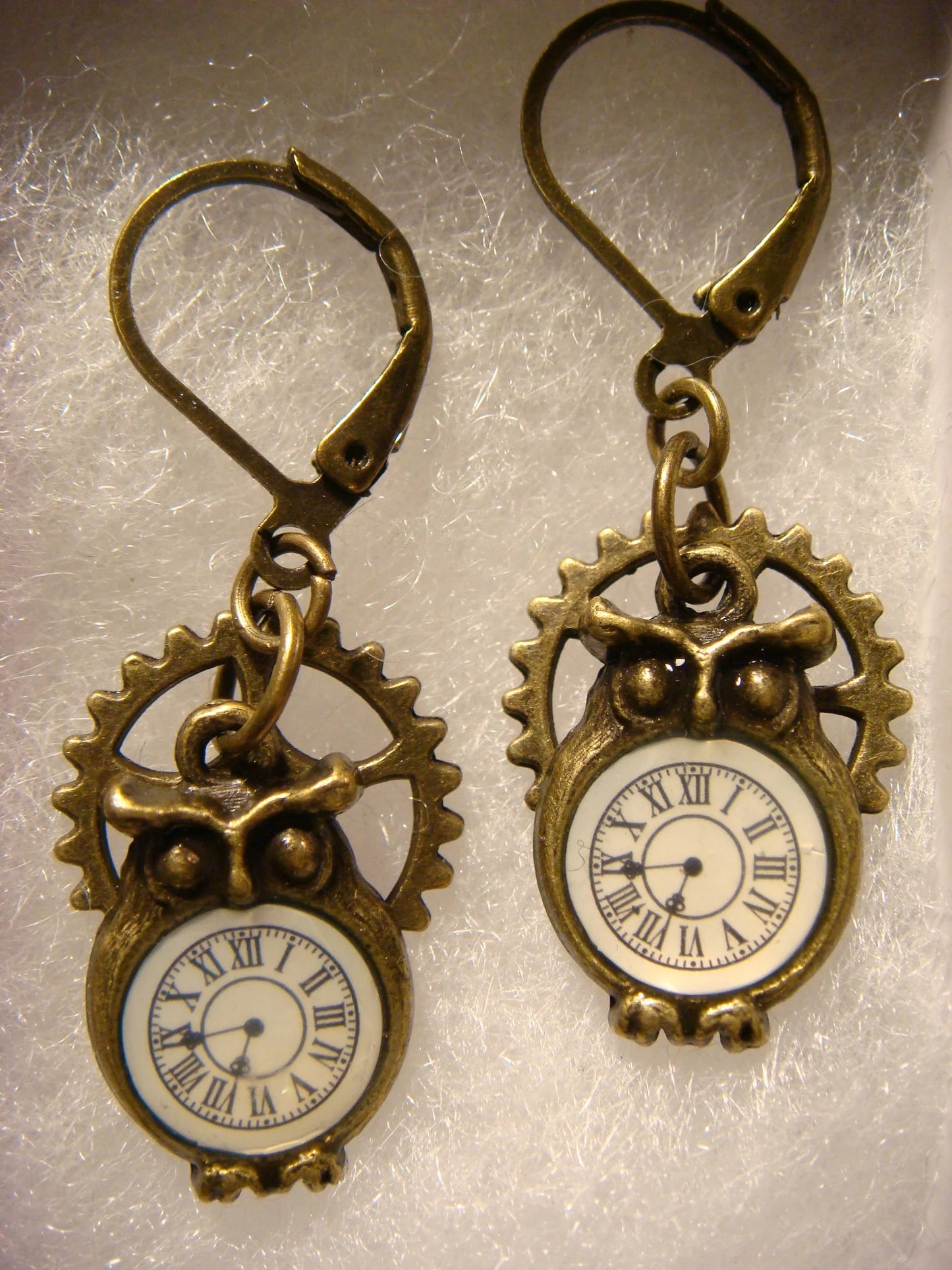 Owl Clock and Gear Dangle Earrings in Antique Bronze