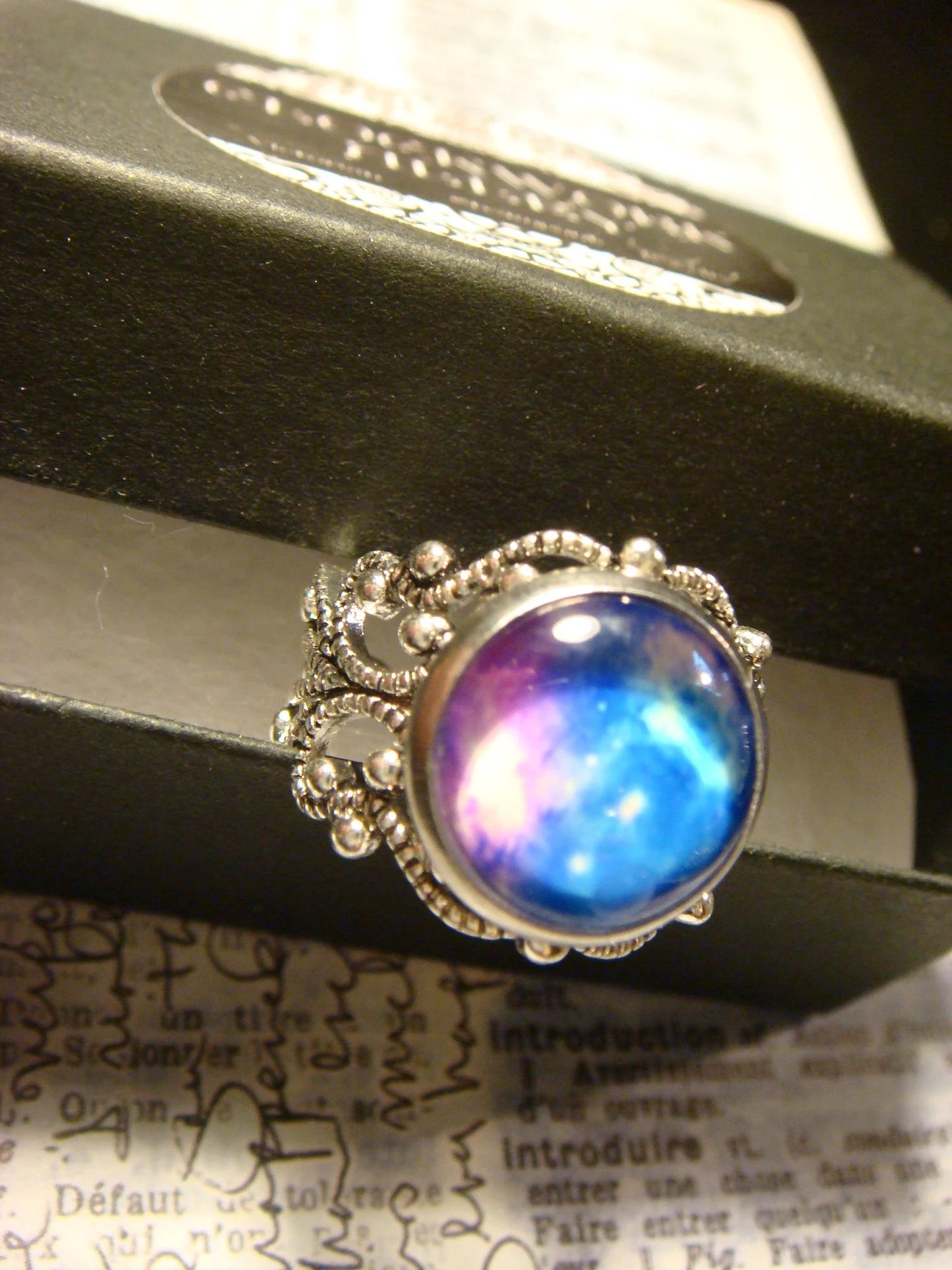 Nebula Galaxy Image Filigree Ring in Antique Silver - Adjustable