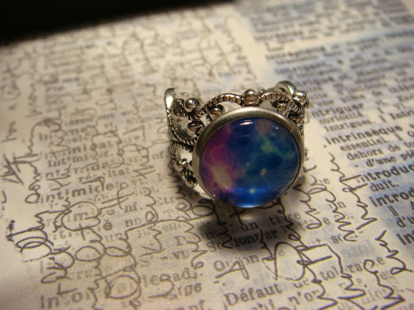 Nebula Galaxy Image Filigree Ring in Antique Silver - Adjustable