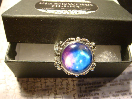 Nebula Galaxy Image Filigree Ring in Antique Silver - Adjustable