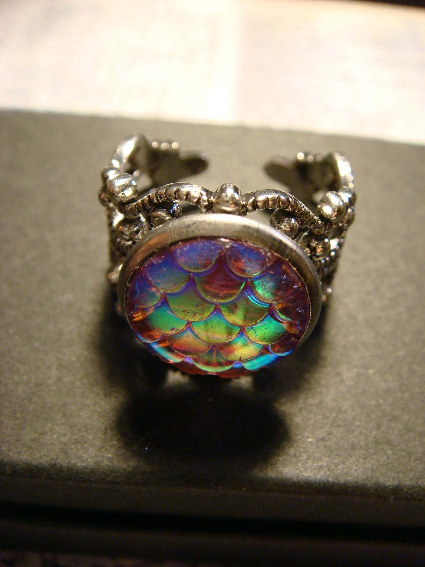 Iridescent Pink Scales Filigree Ring in Antique Silver - Adjustable