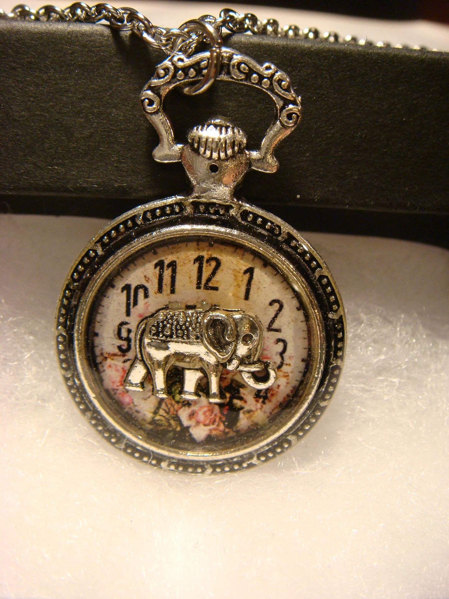 Elephant over Floral Clock Pocket Watch Pendant Necklace