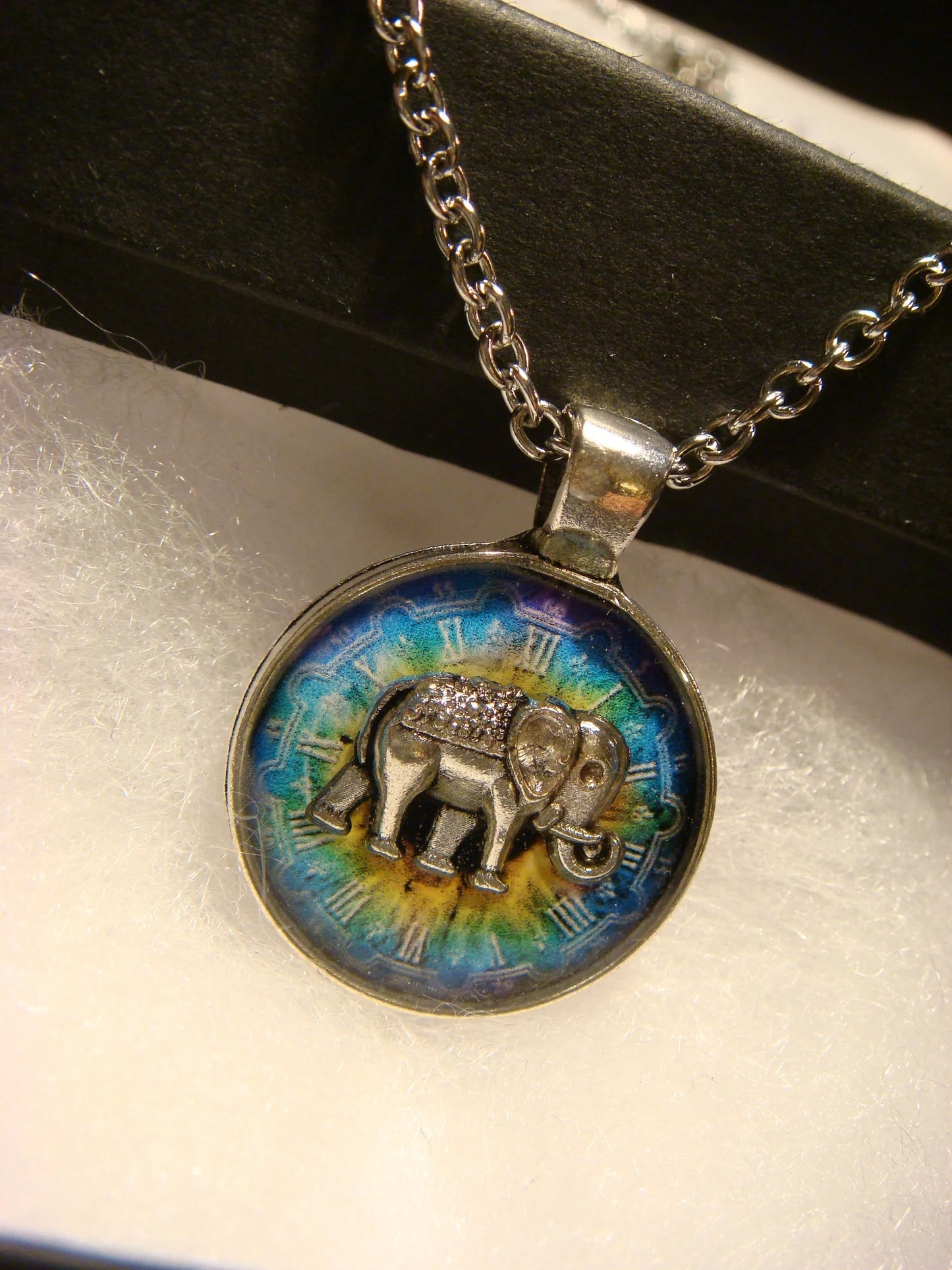 Elephant over Colorful Clock Small Pendant Necklace
