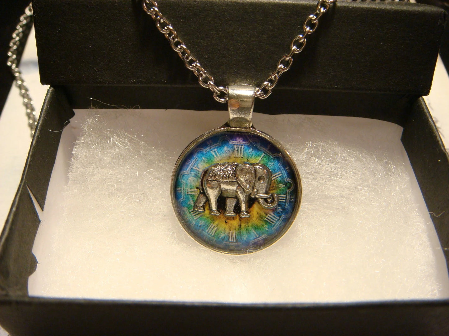 Elephant over Colorful Clock Small Pendant Necklace