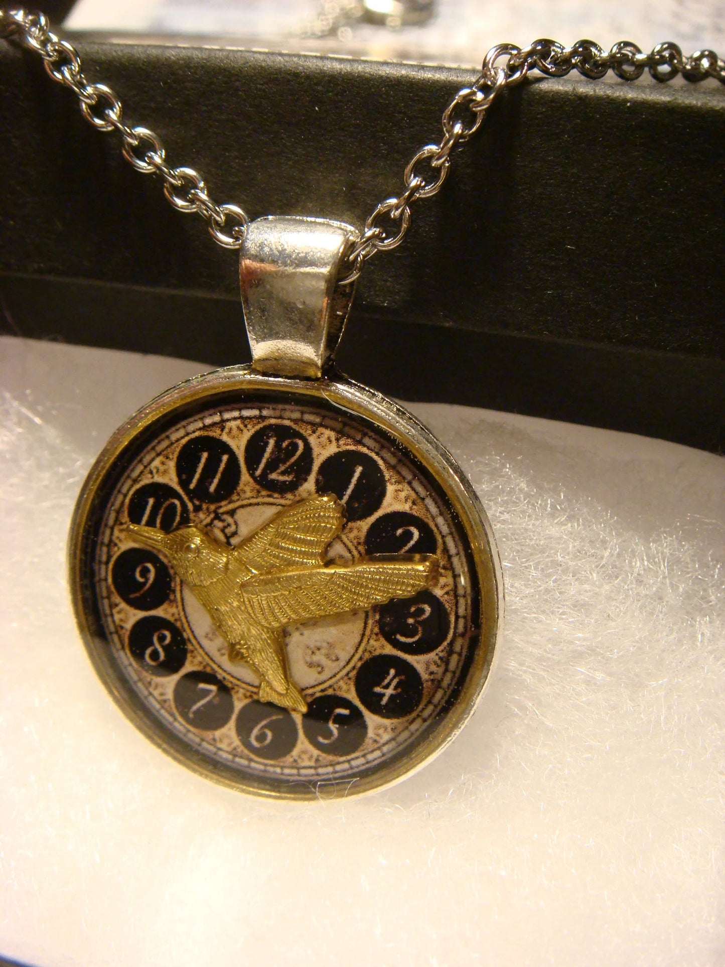 Hummingbird over Clock Pendant Necklace