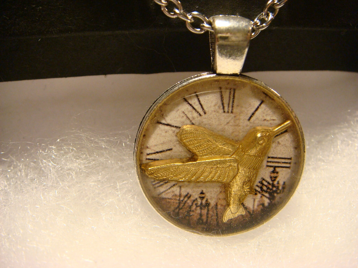 Hummingbird over Victorian Clock Small Pendant Necklace
