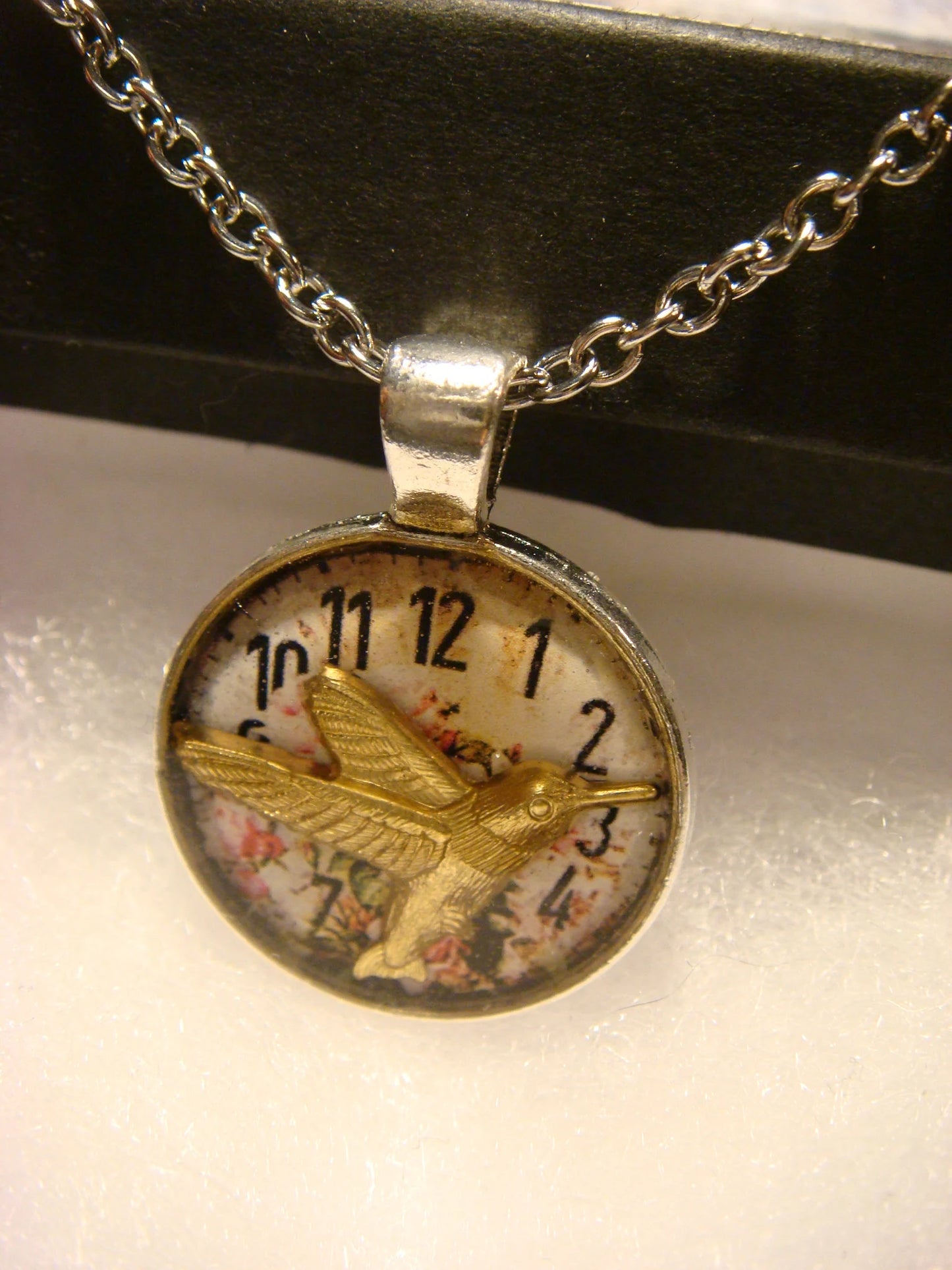 Hummingbird over Floral Clock Small Pendant Necklace