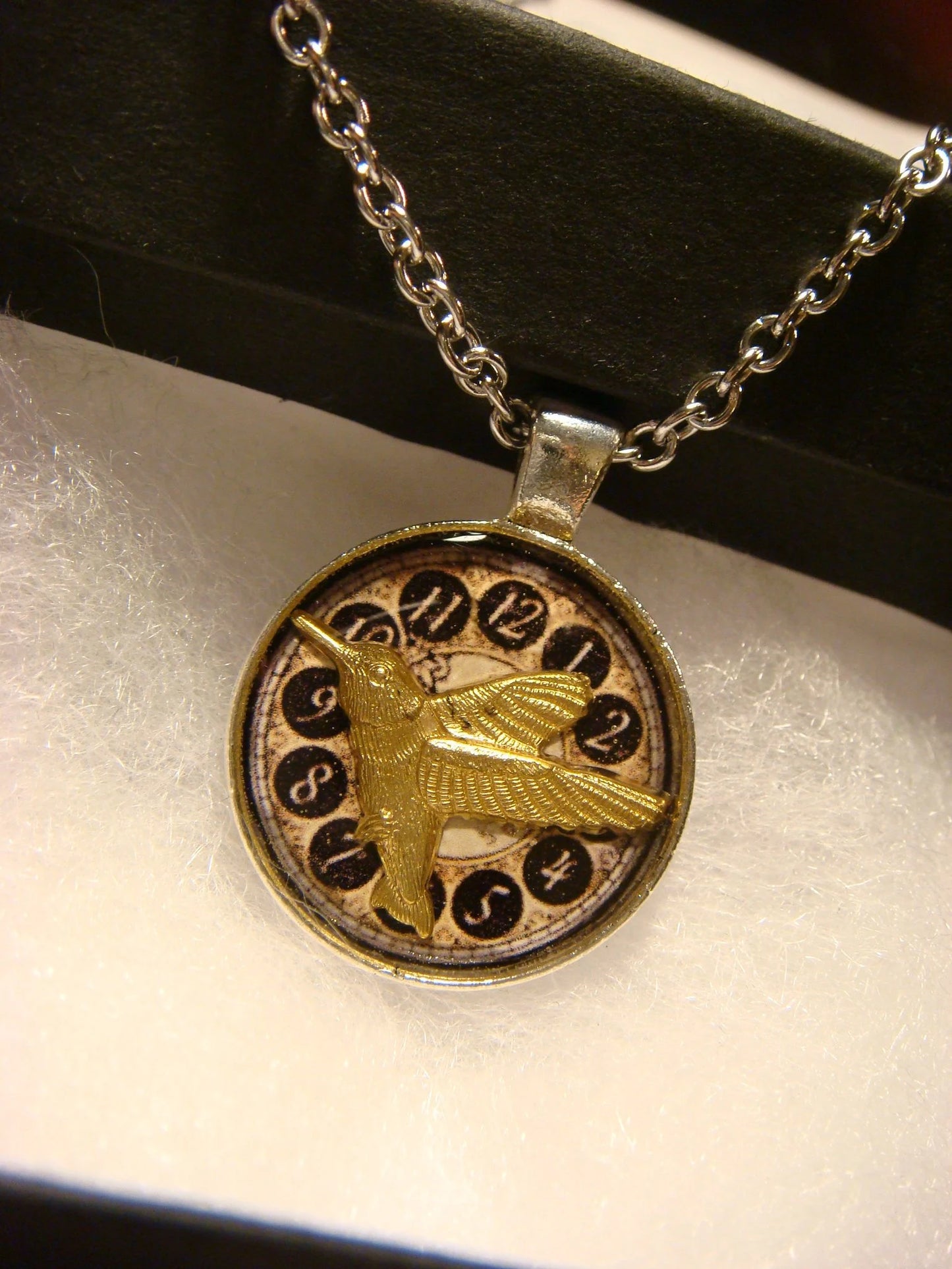 Hummingbird over Clock Small Pendant Necklace