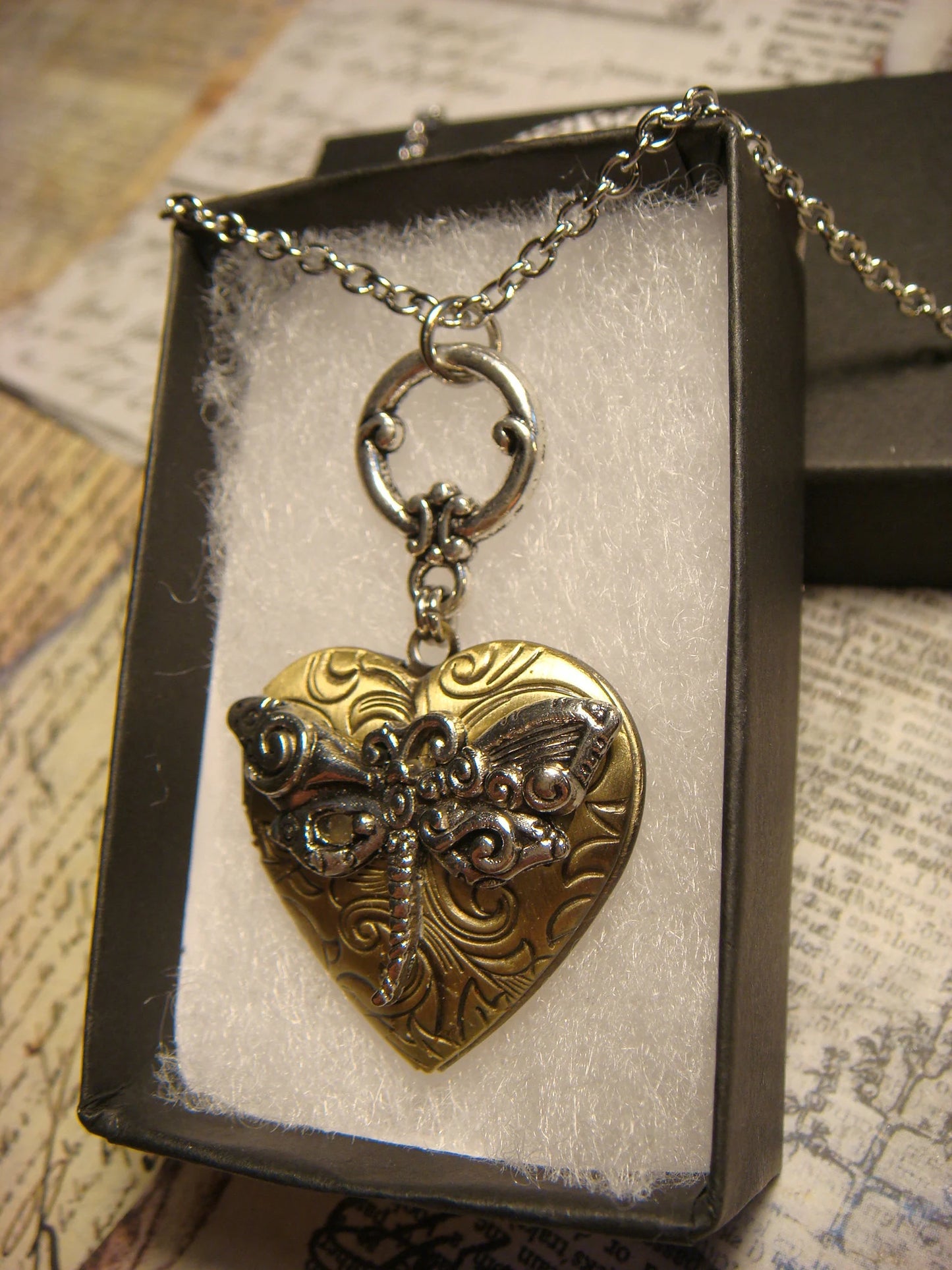 Dragonfly Heart Locket Necklace in Antique Silver and Bronze