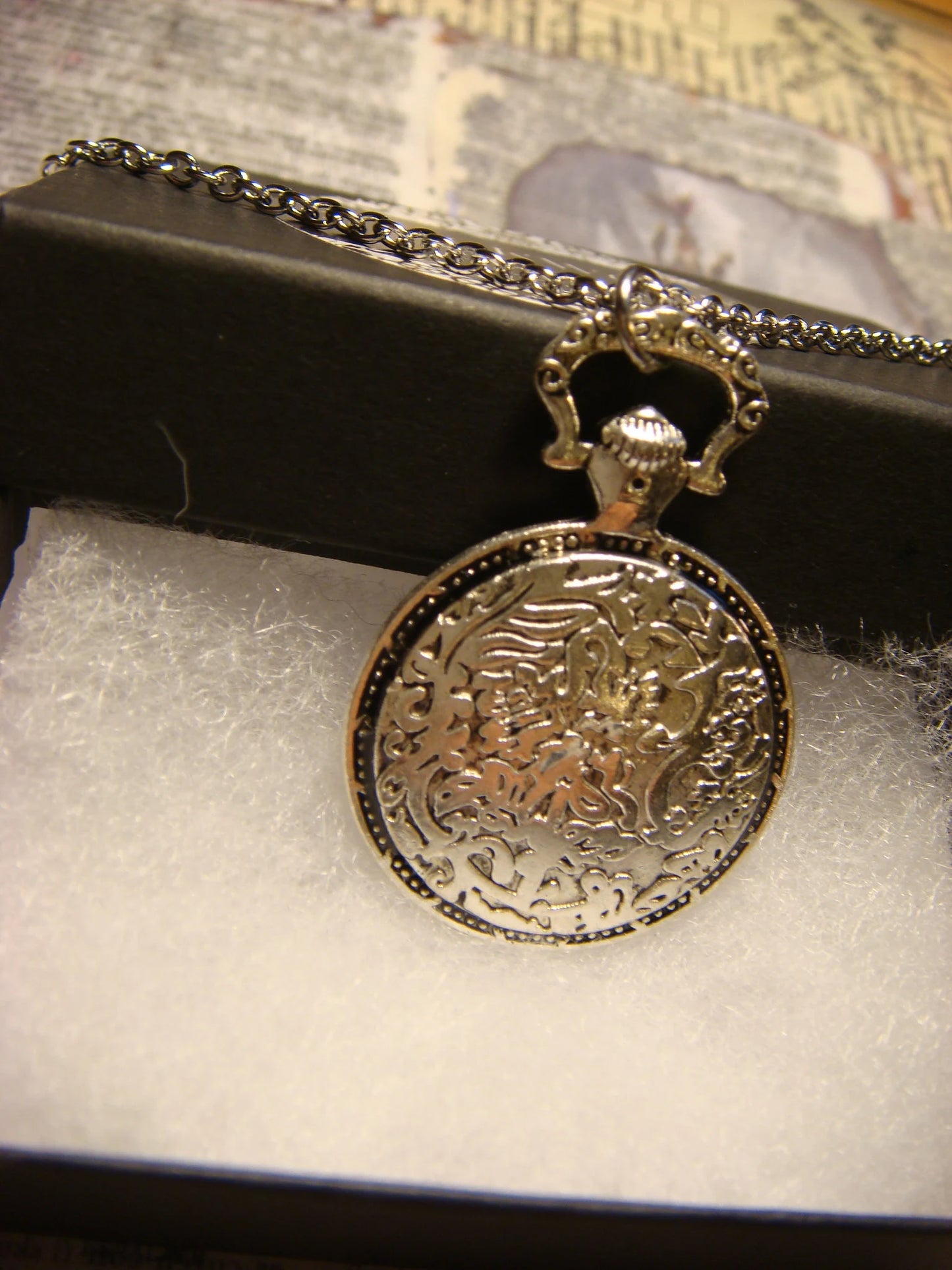 Owl over Floral Clock Pocket Watch Pendant Necklace