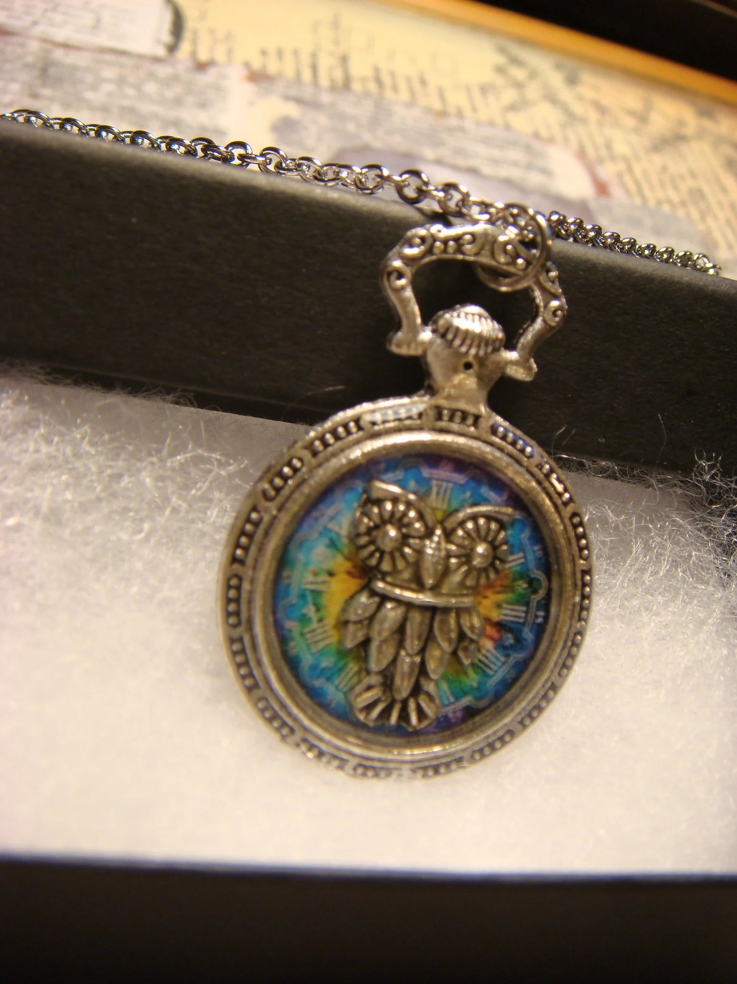 Owl over Colorful Clock Pocket Watch Pendant Necklace
