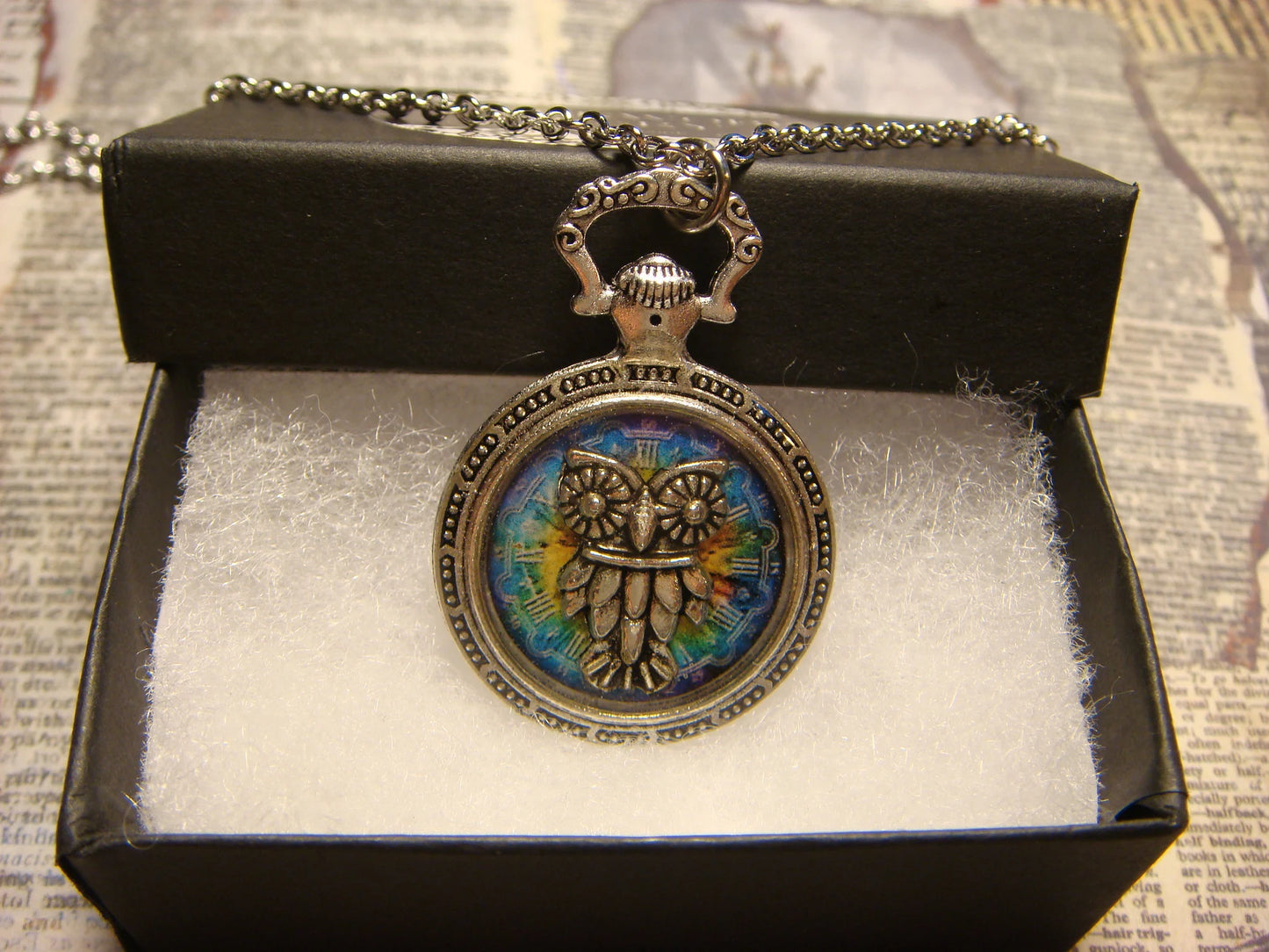 Owl over Colorful Clock Pocket Watch Pendant Necklace