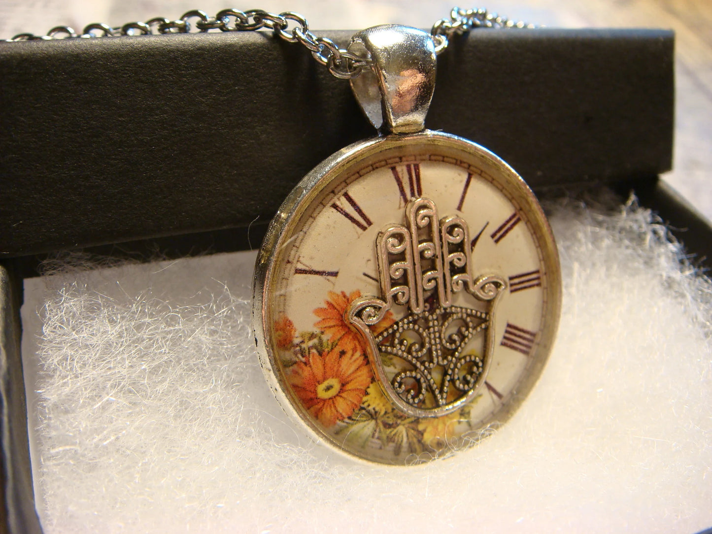 Hamsa over Floral Clock Pendant Necklace
