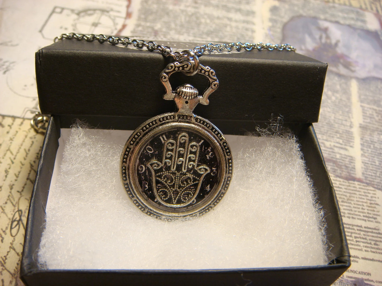 Hamsa over Clock Pocket Watch Pendant Necklace